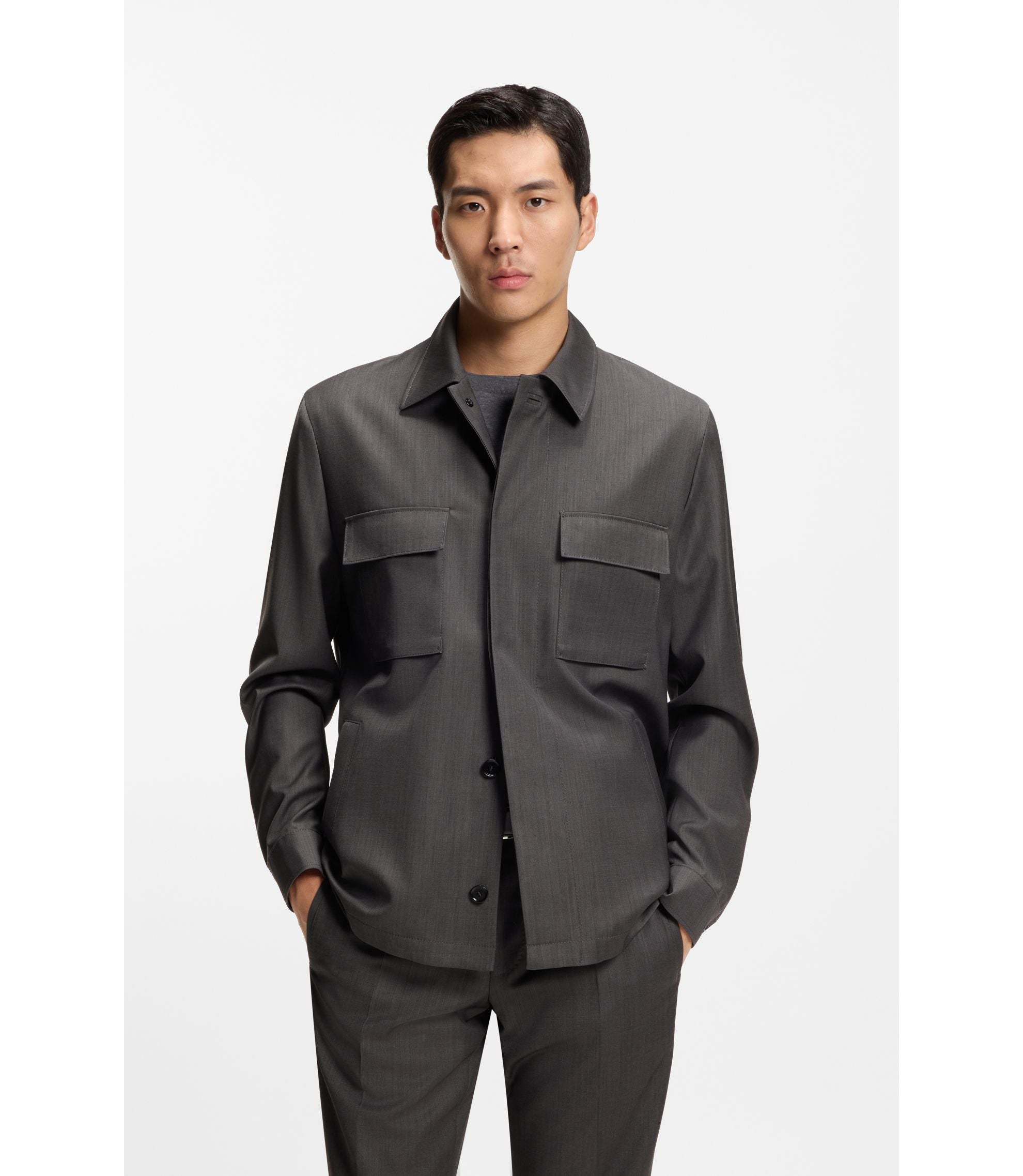 Boss Relaxed Fit Overshirt In Water Repellent Wool Black