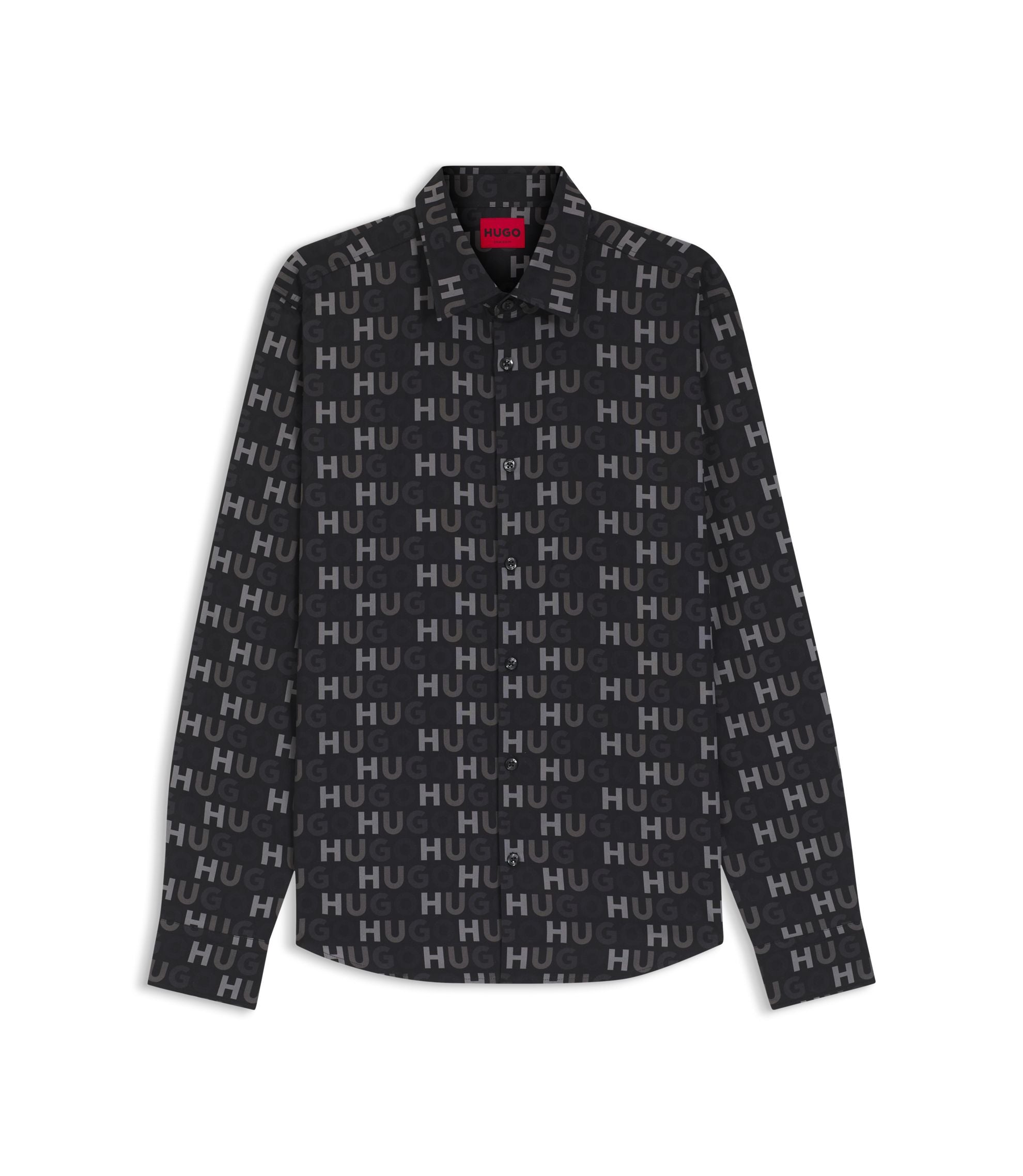Hugo Printed Slim Fit Shirt In Cotton Poplin Black
