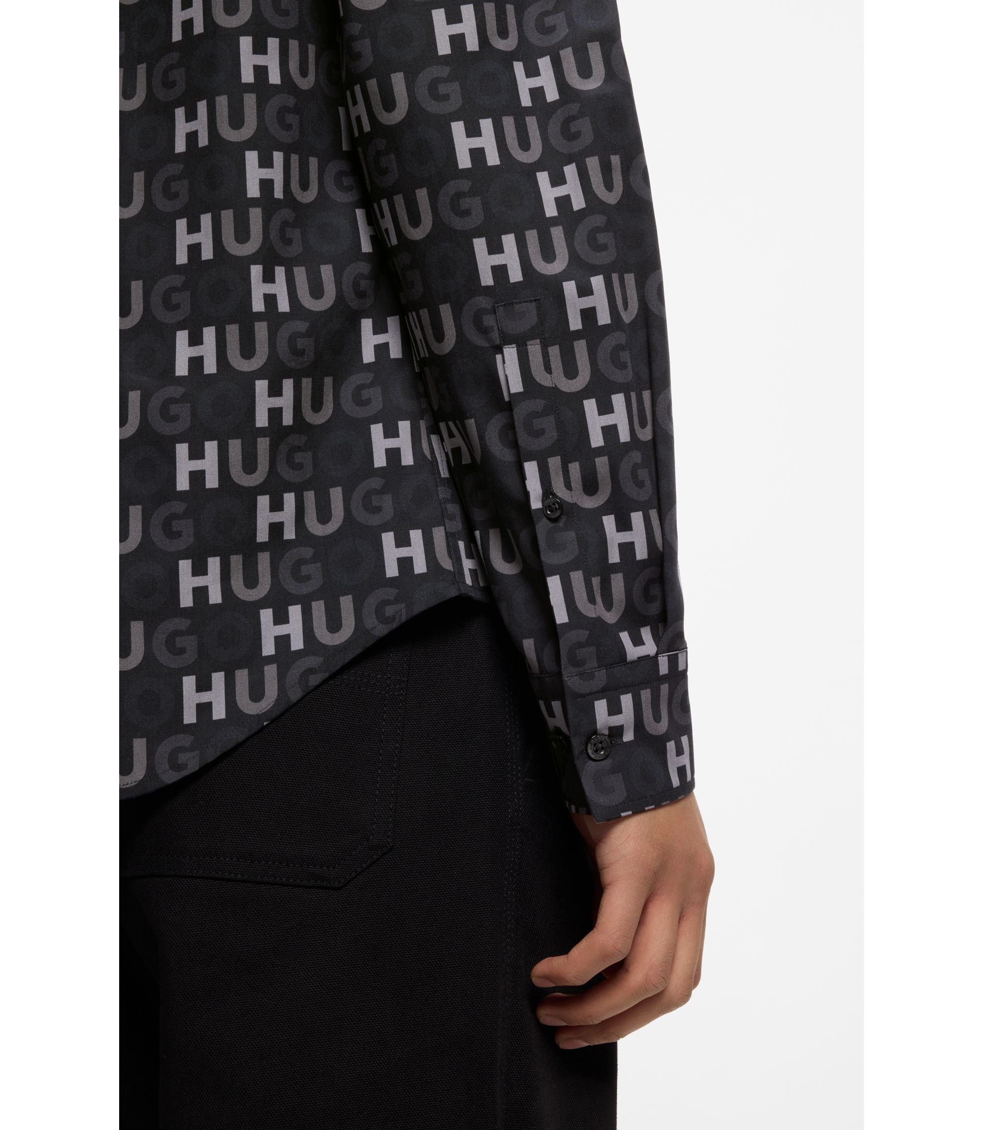 Hugo Printed Slim Fit Shirt In Cotton Poplin Black