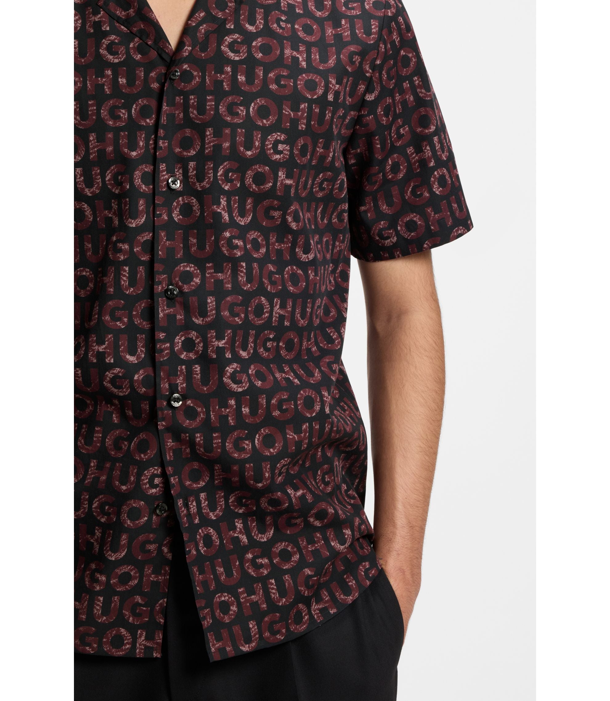 Hugo Printed Relaxed Fit Shirt In Cotton Poplin Light Brown