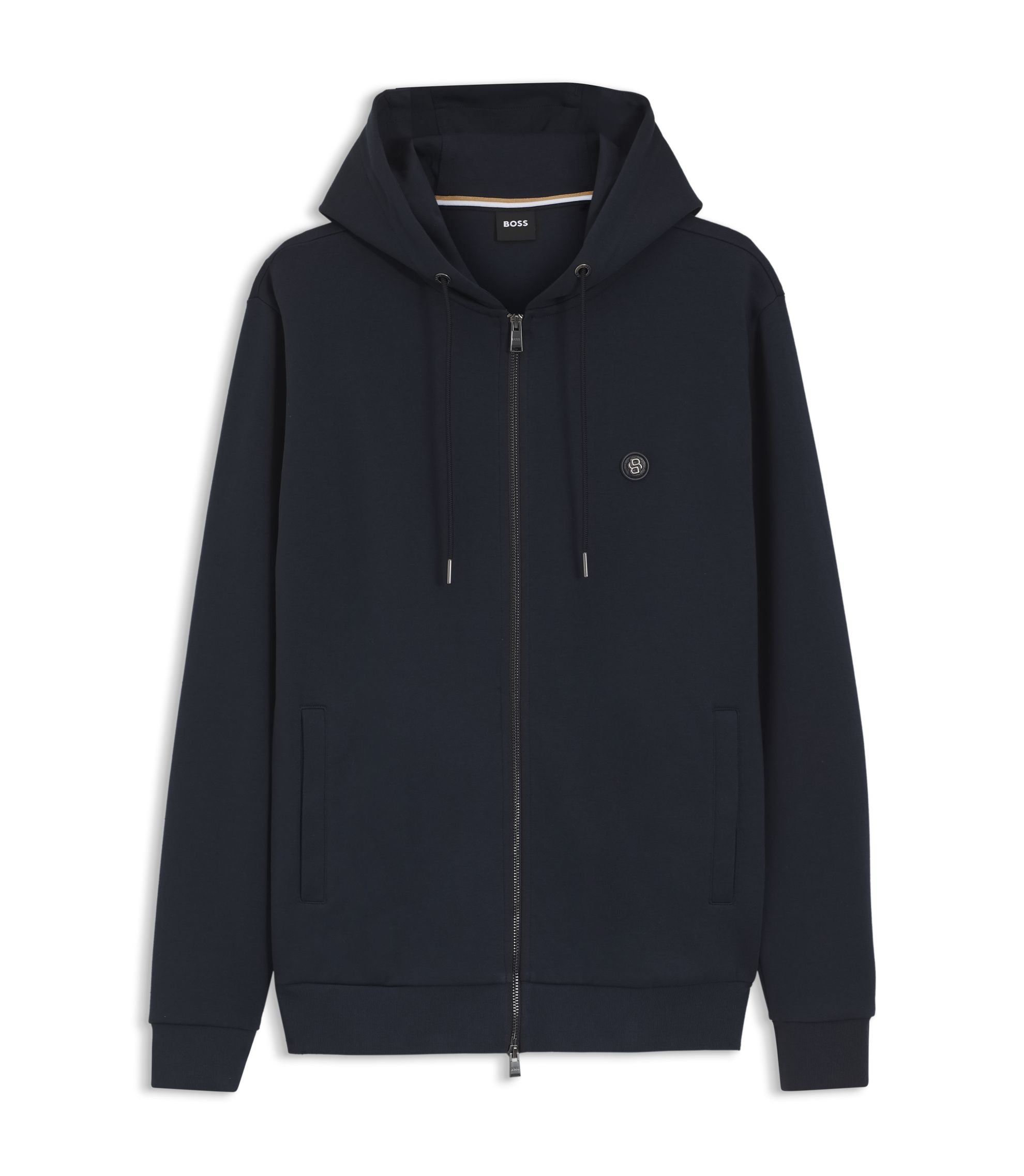 Boss Cotton Blend Zip Up Hoodie With Double B Monogram Dark Blue