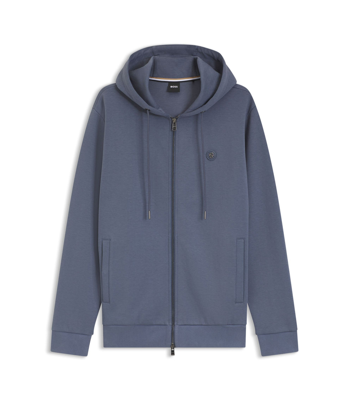 Boss Cotton Blend Zip Up Hoodie With Double B Monogram Light Blue