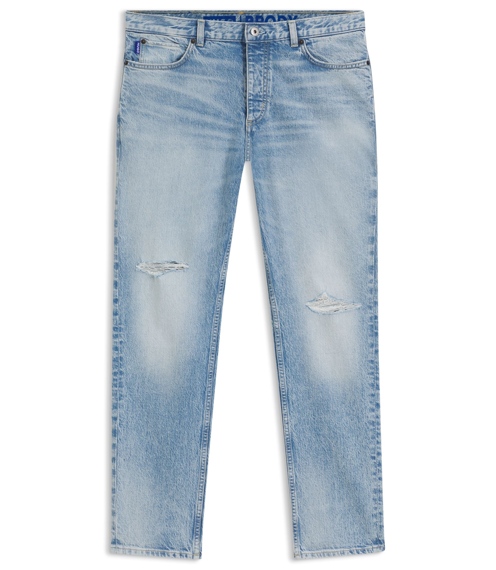 Hugo Blue Tapered Fit Jeans In Distressed Denim Turquoise