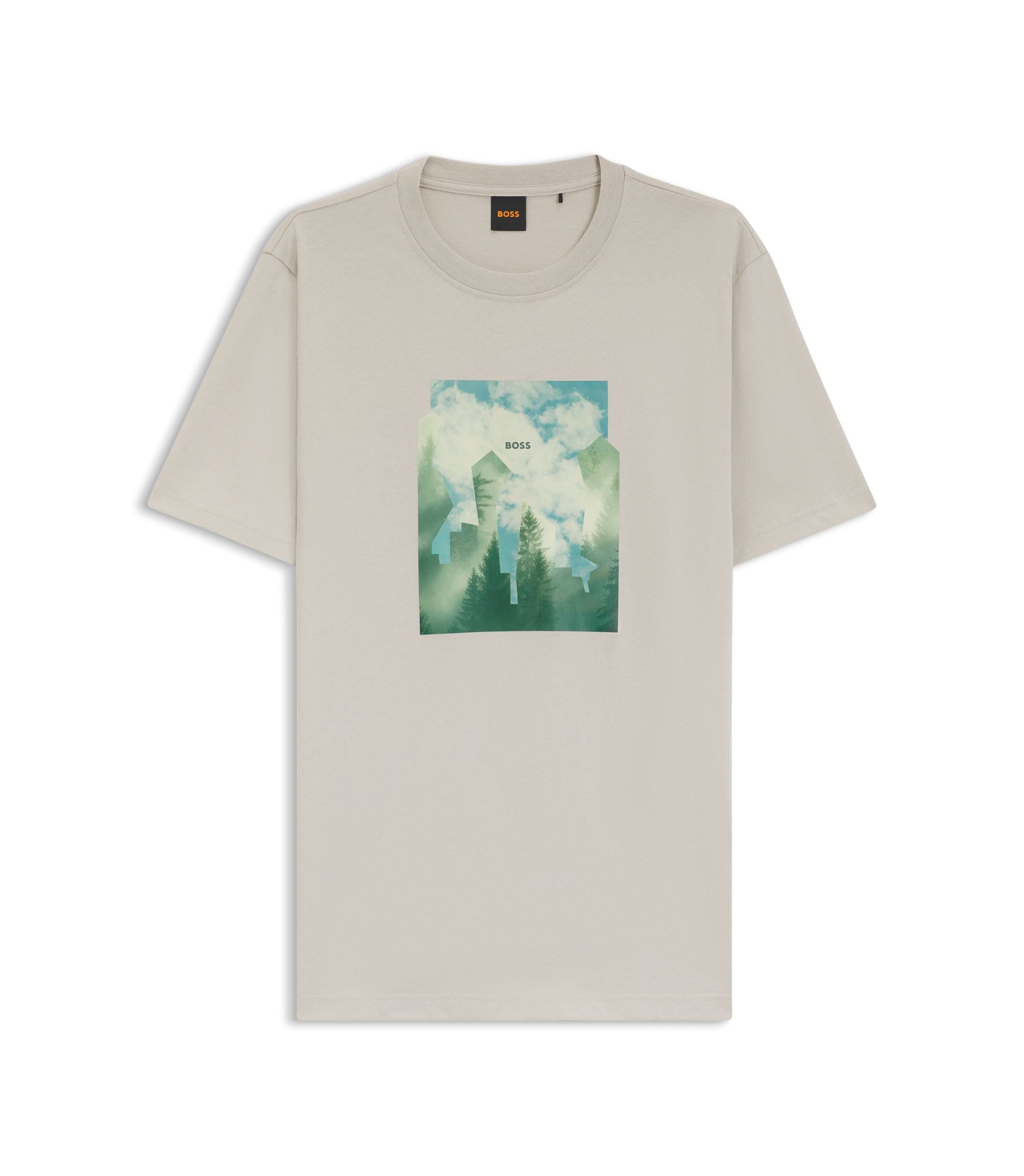 Boss Printed Artwork T Shirt In Cotton Jersey Light Grey
