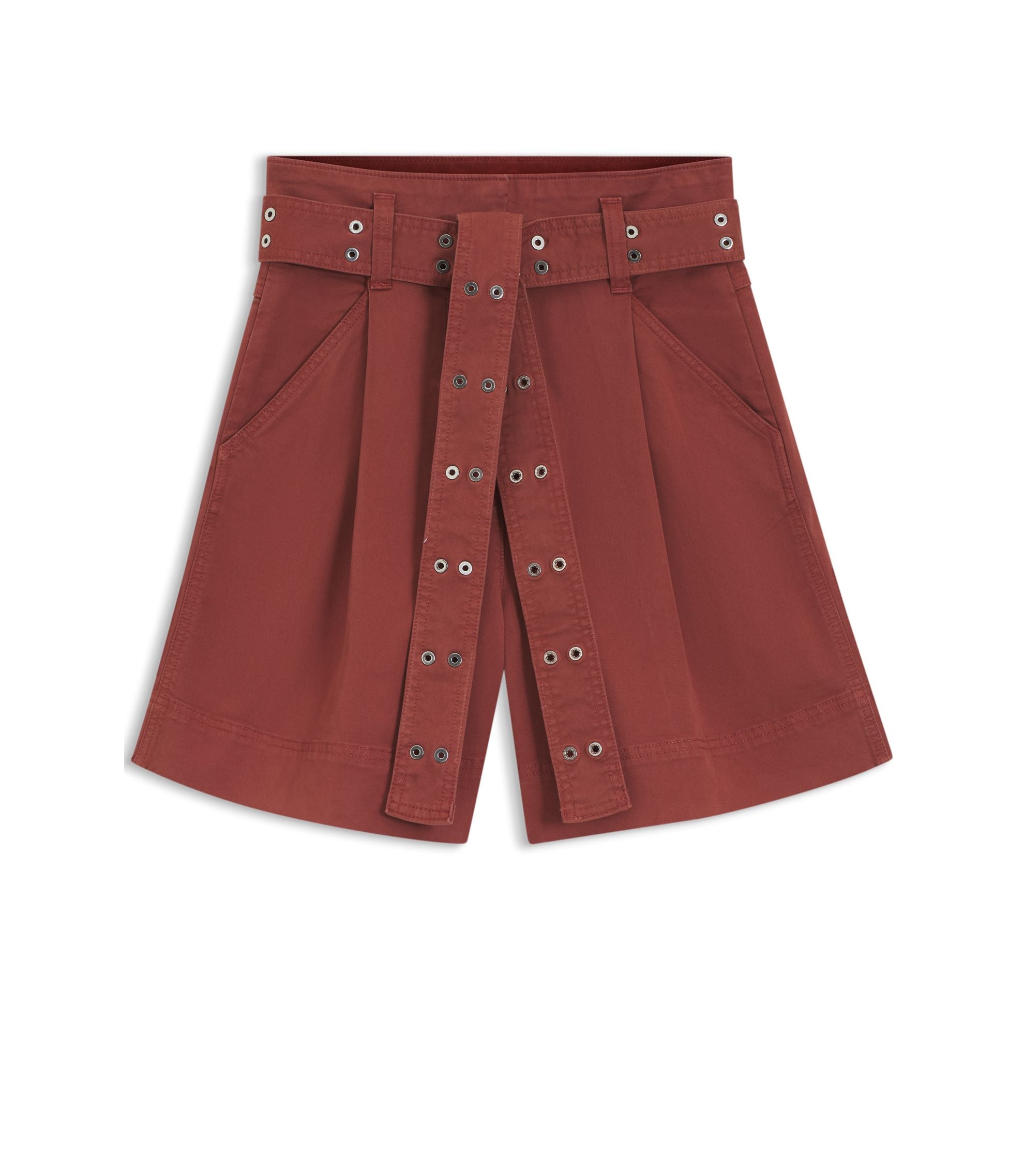 Boss Eyelet Belt Shorts In Stretch Cotton Dark Red Women's