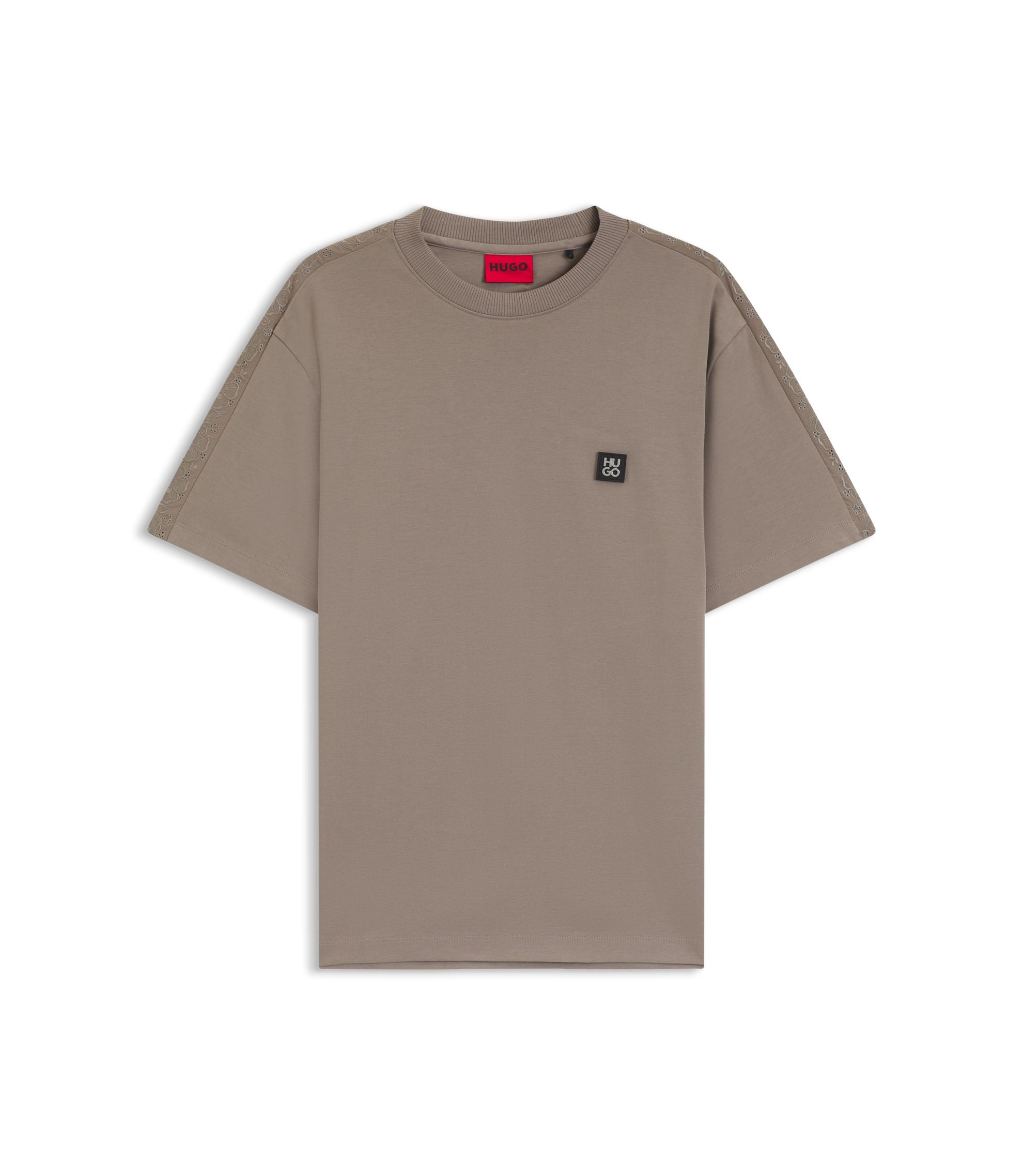 Hugo Relaxed Fit T Shirt In Interlock Cotton With Embroidered Shoulders Light Brown