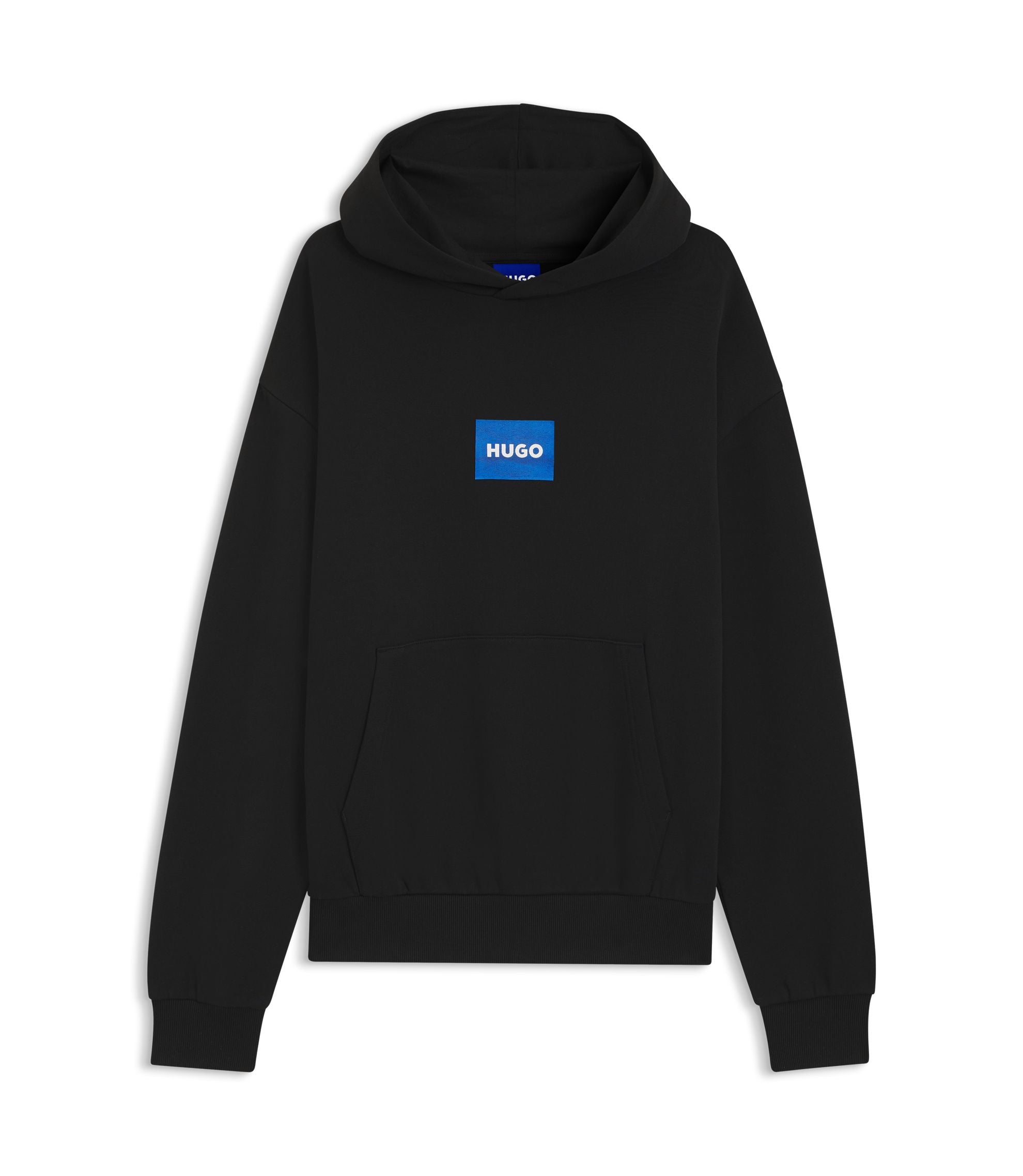 Hugo Blue Logo Hoodie In Cotton Terry Black