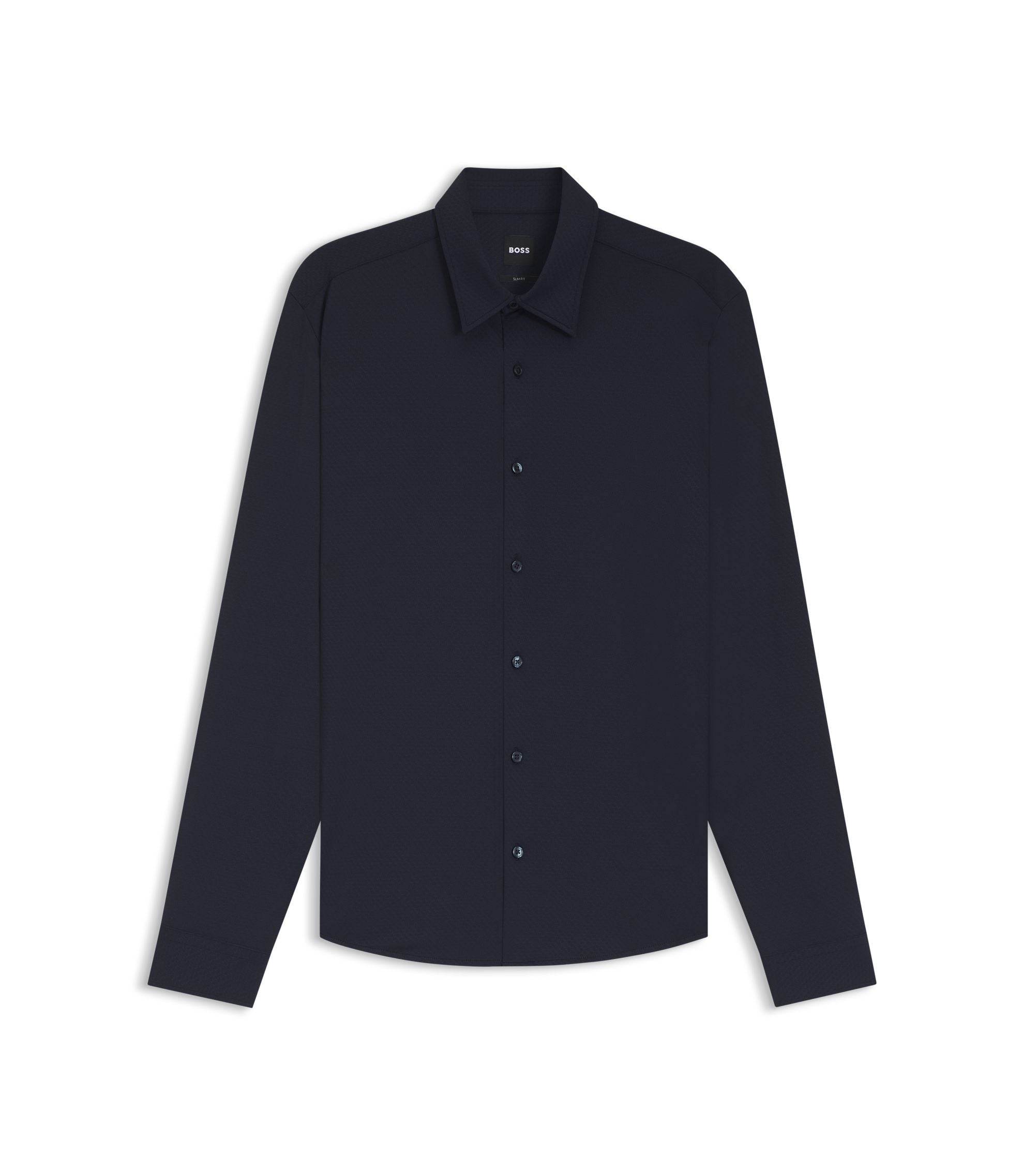 Boss Performance Stretch Slim Fit Shirt In Structured Jersey Dark Blue