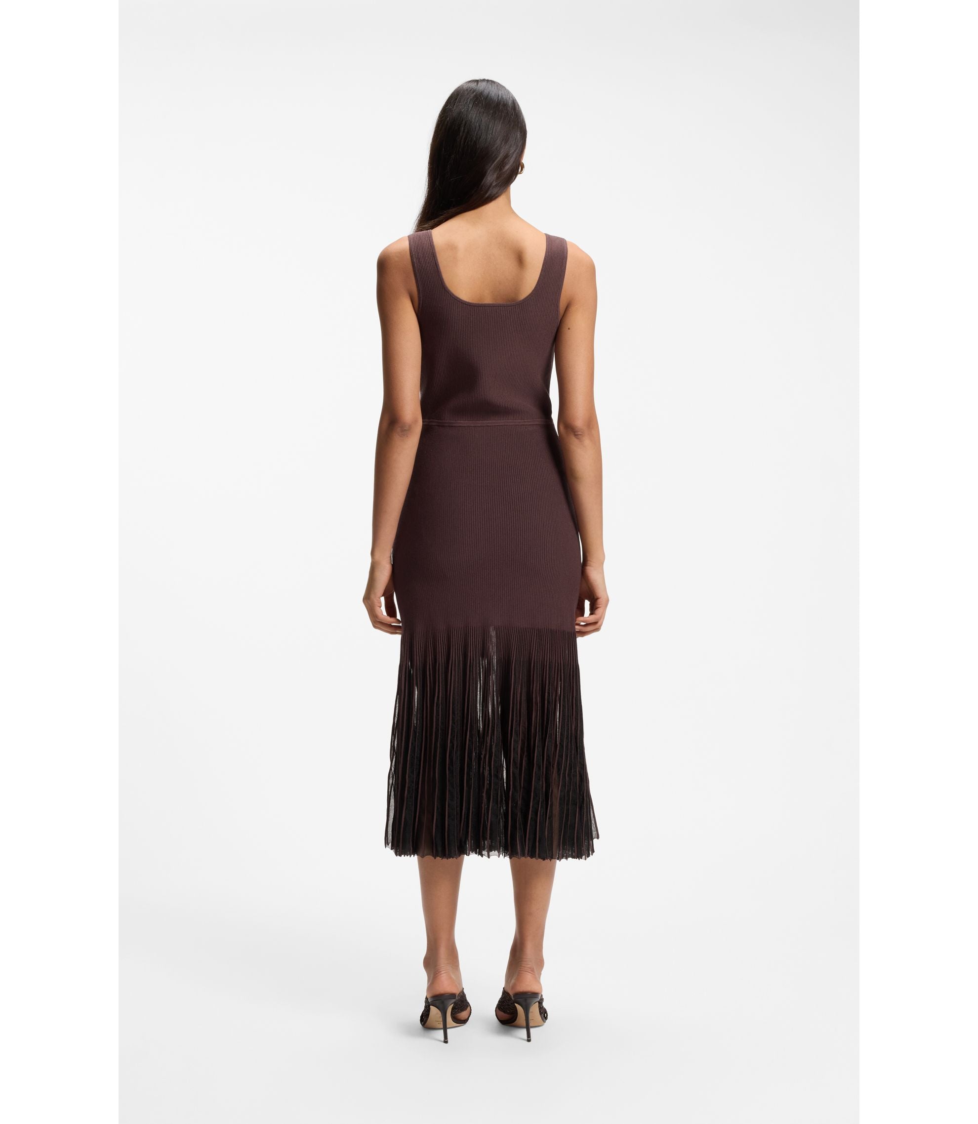 Boss Rib Knit Dress With Sheer Pleating Dark Brown Women's