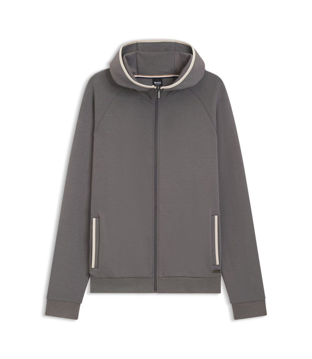Boss Contrast Binding Zip Up Hoodie In A Cotton Blend Dark Grey