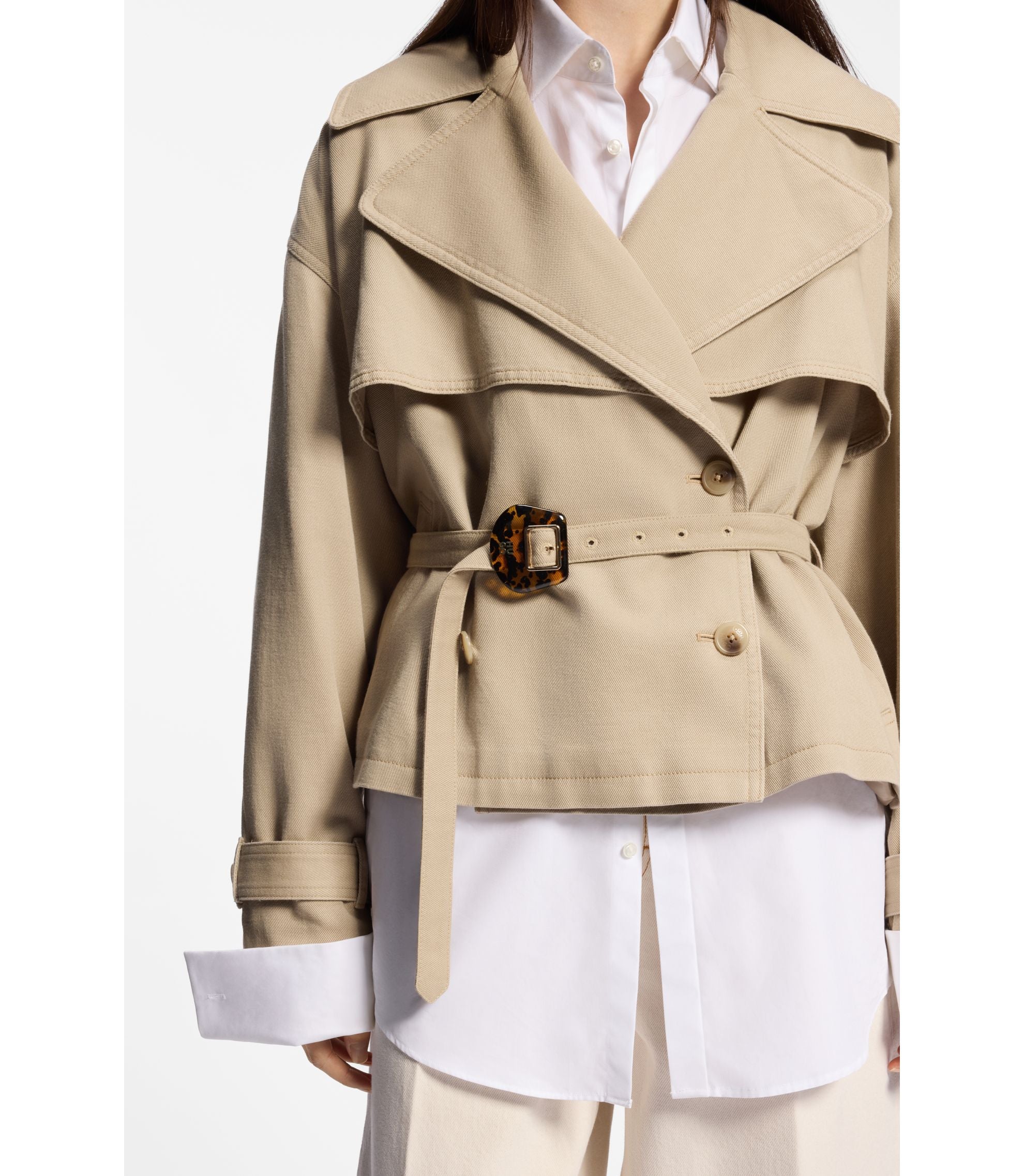 Hugo Short Trench Jacket In Cotton And Linen Light Brown Women's