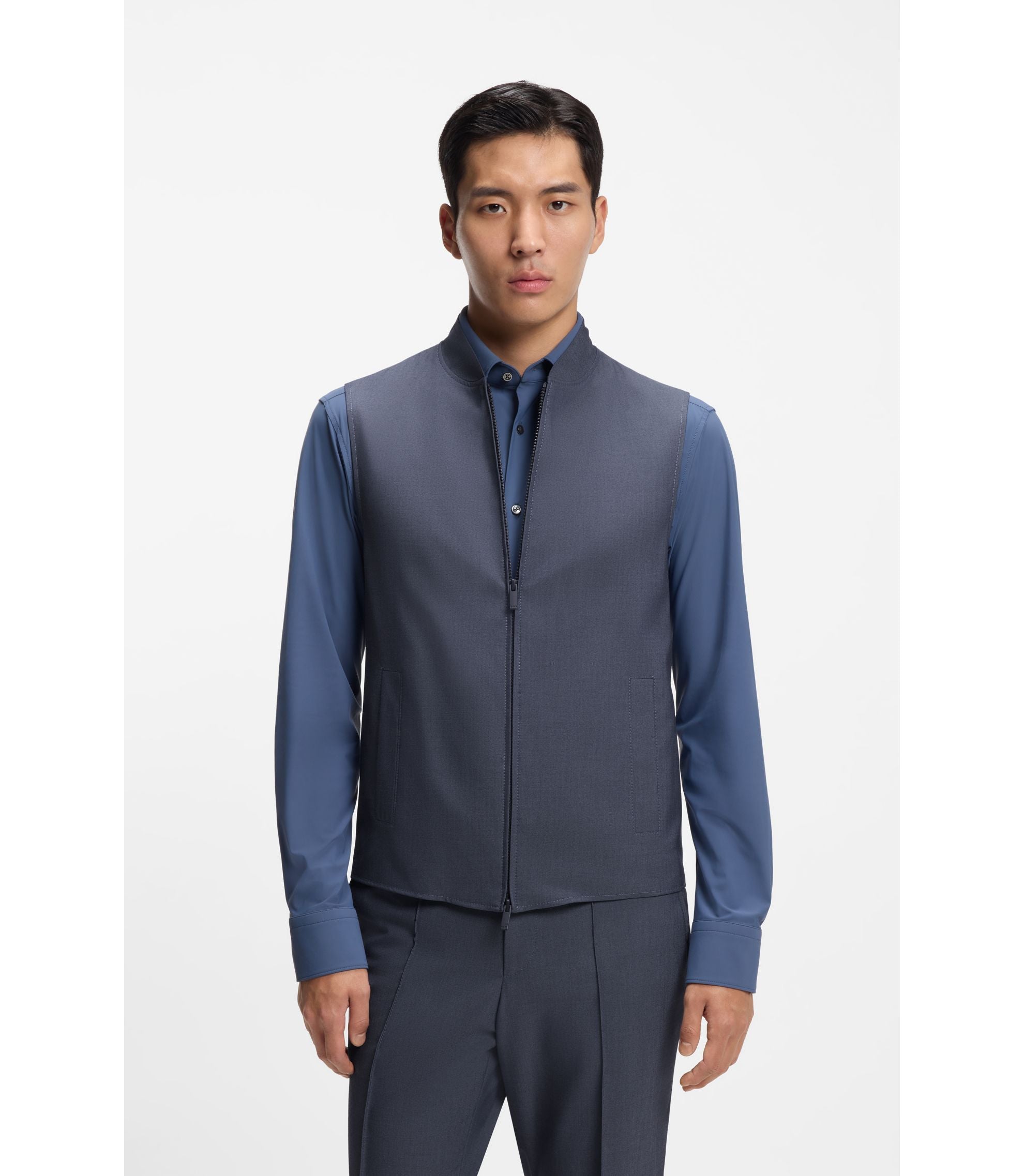 Boss Three Piece Slim Fit Suit With Zip Waistcoat Light Blue