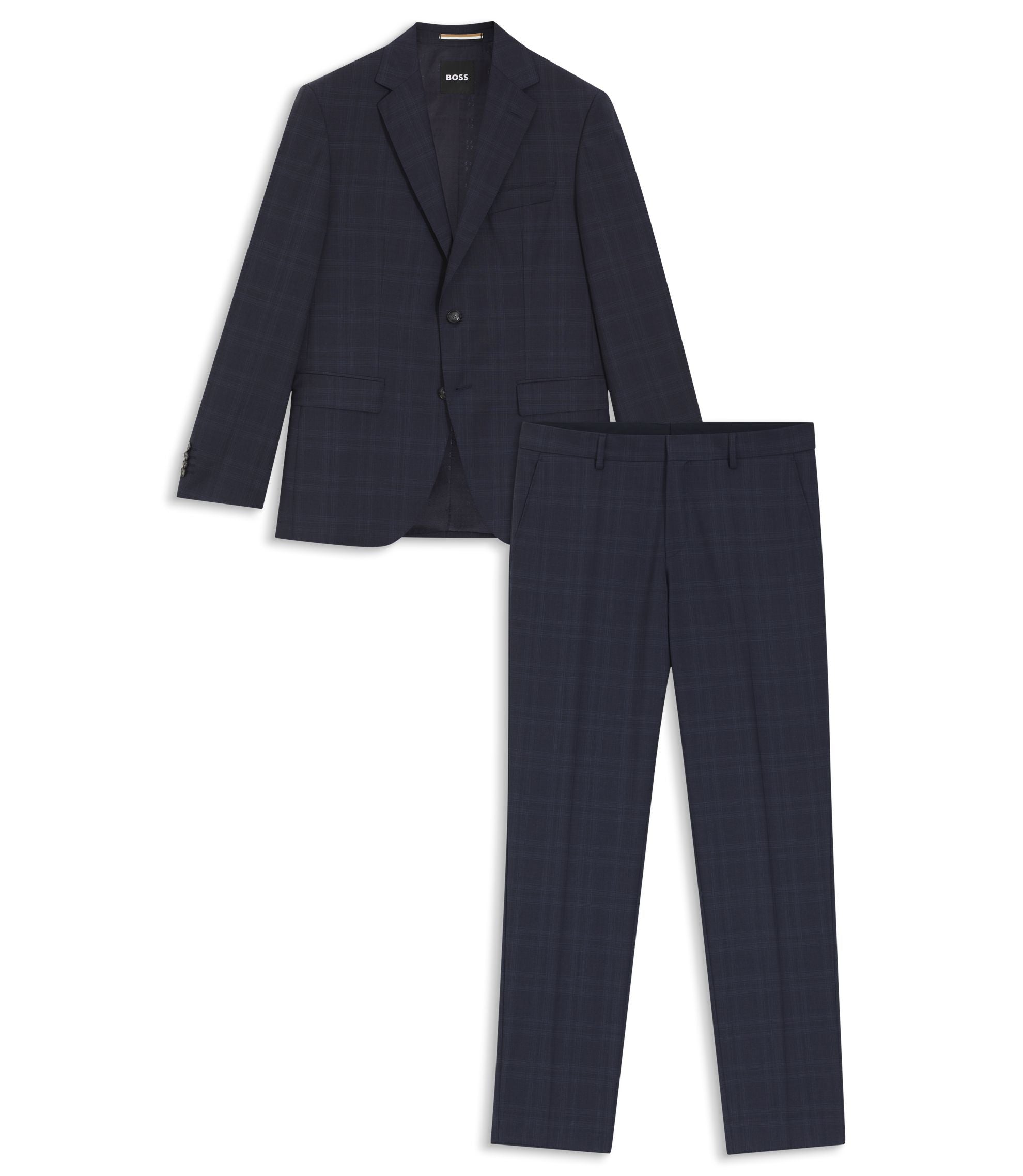 Boss Two Piece Regular Fit Suit In Checked Virgin Wool Dark Blue