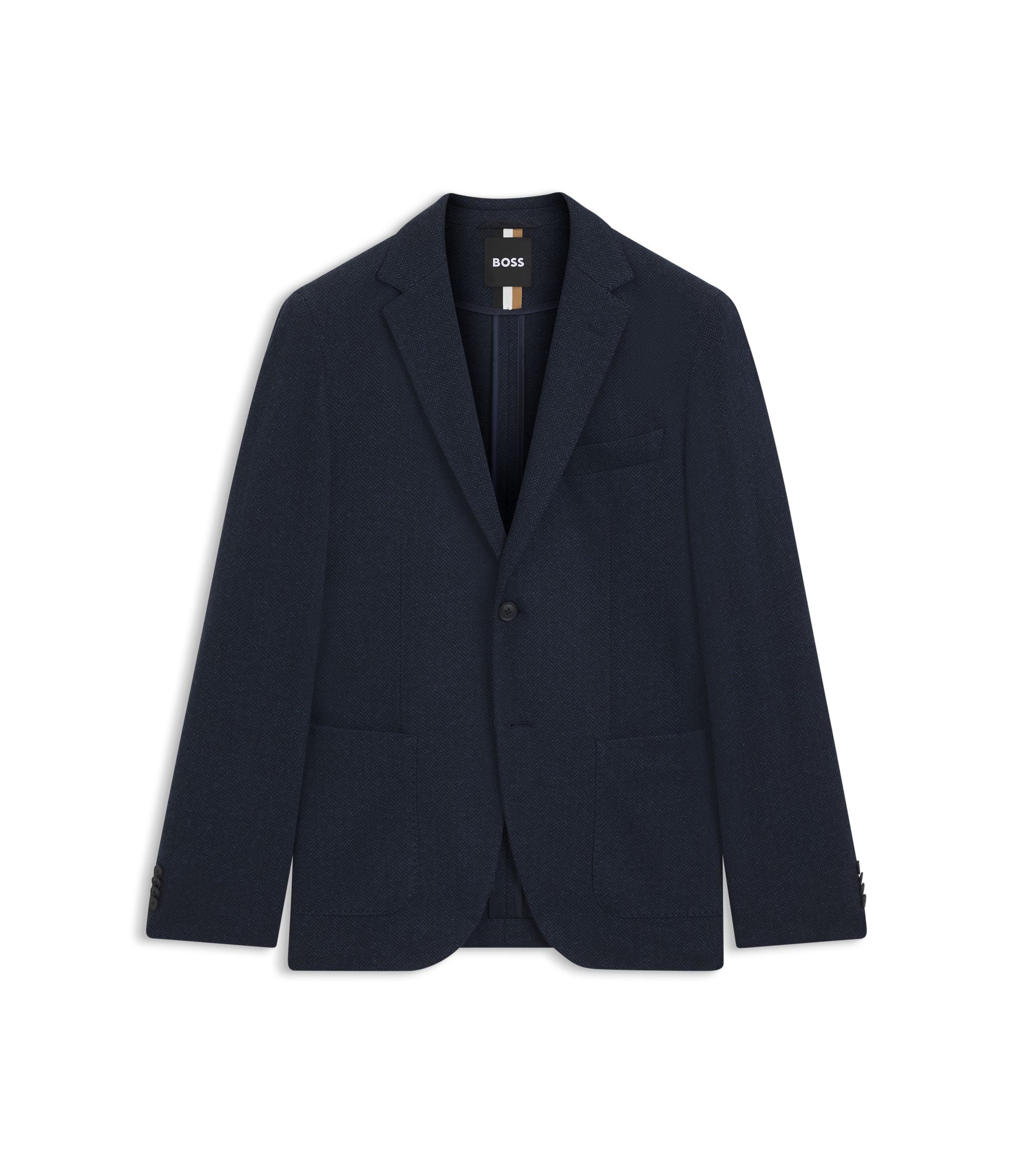 Boss Herringbone Regular Fit Jacket In A Cotton Blend Dark Blue