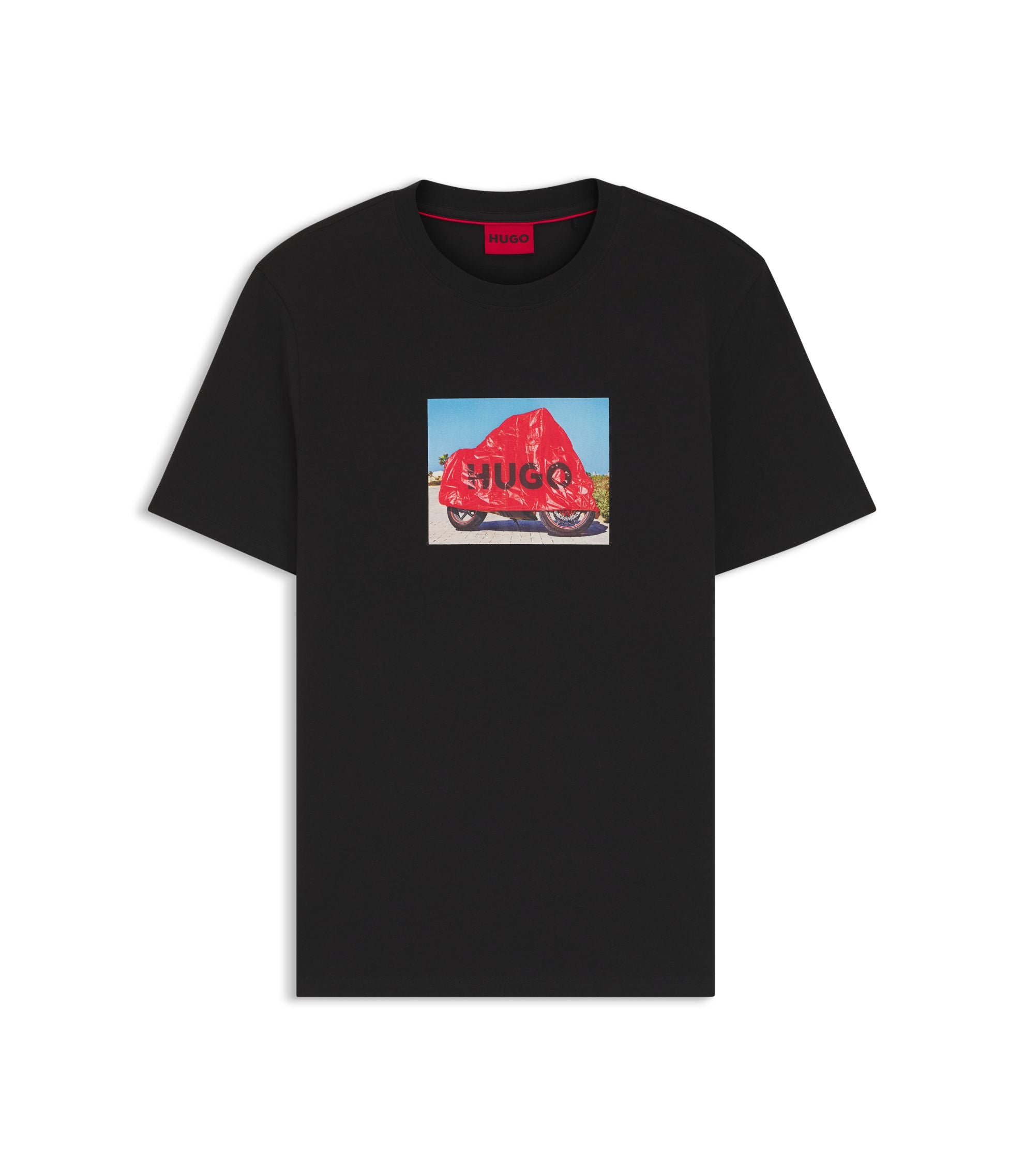 Hugo Cotton Jersey T Shirt With Biker Inspired Artwork Black