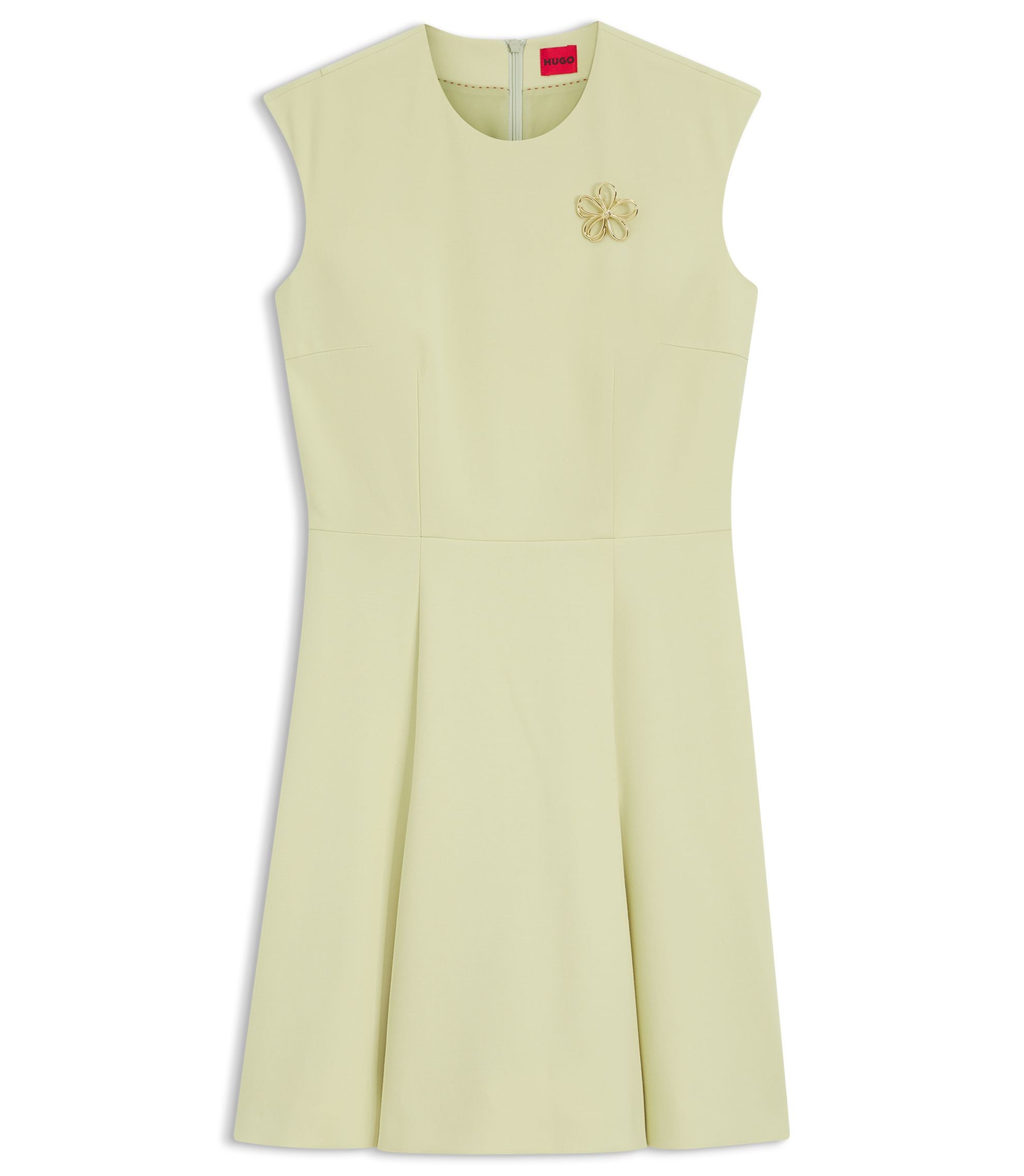 Hugo Sleeveless Dress With Gold Tone Flower Brooch Light Yellow Women's