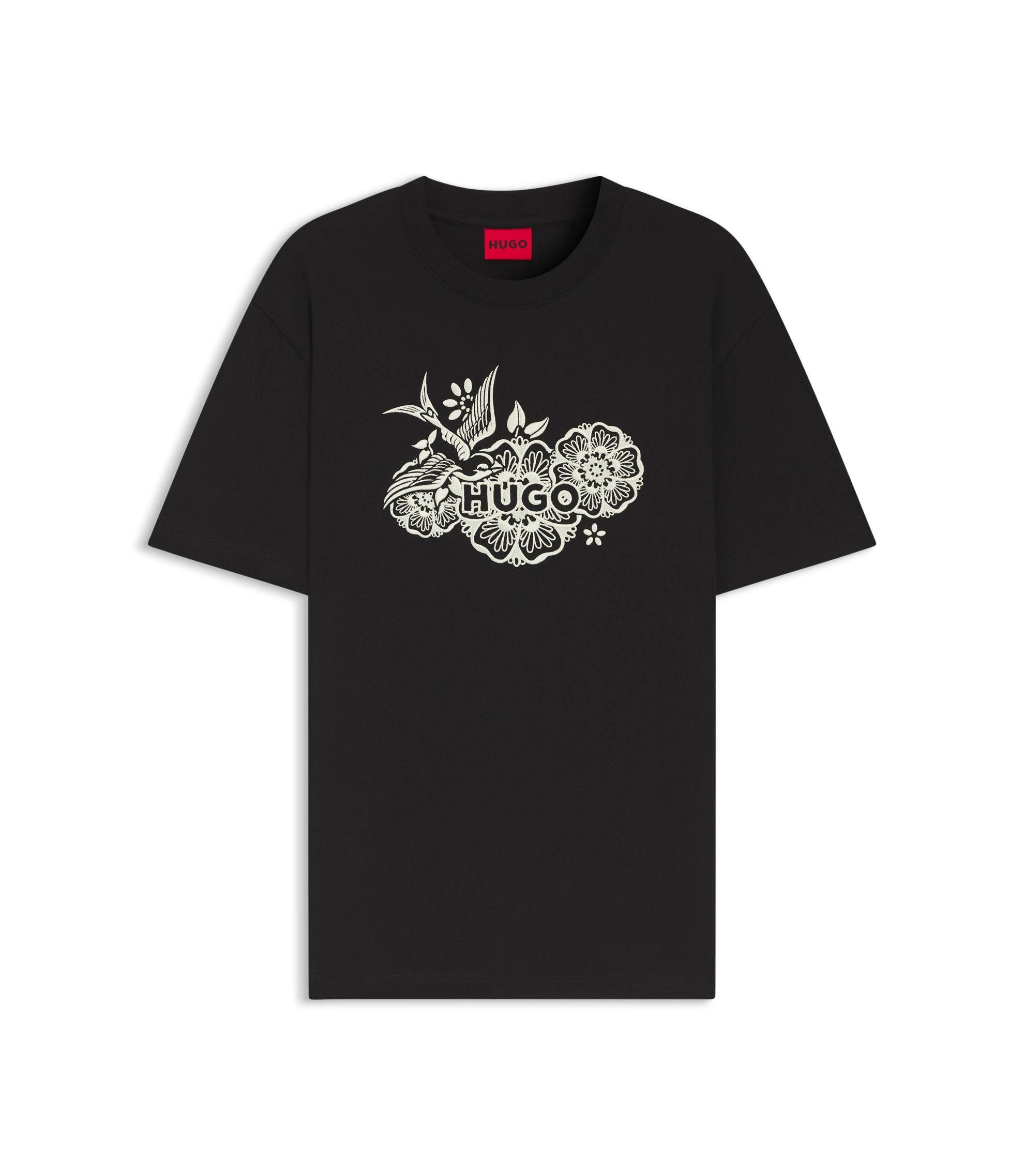 Hugo Cotton Jersey T Shirt With Embroidered Artwork Black