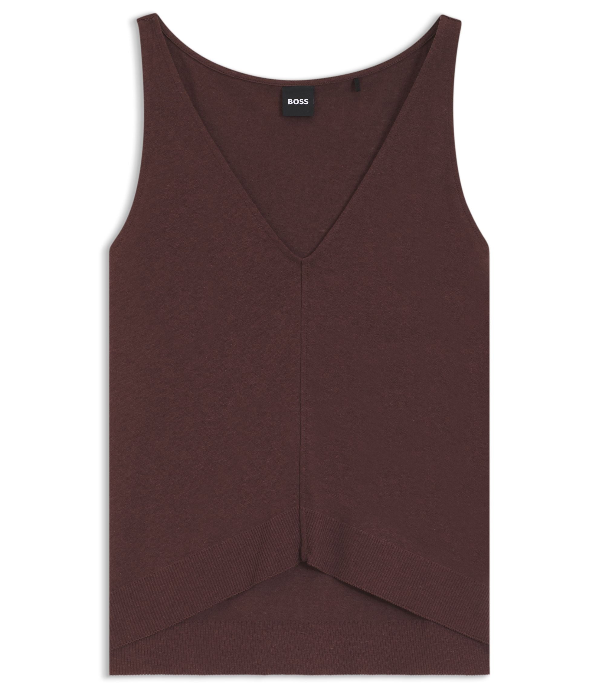 Boss Cotton Linen Top With V Neckline Dark Brown Women's