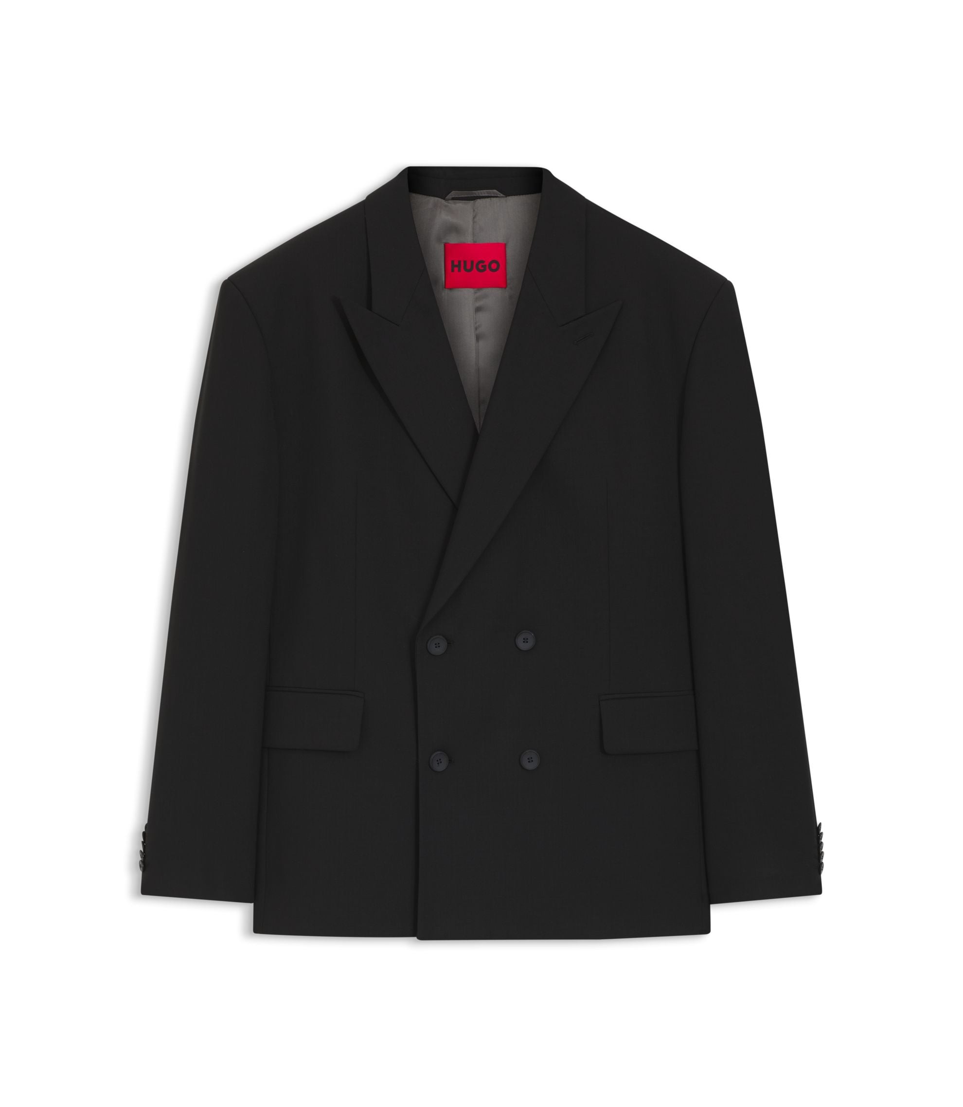 Hugo Double Breasted Suit Jacket In Wool Blend Twill Black