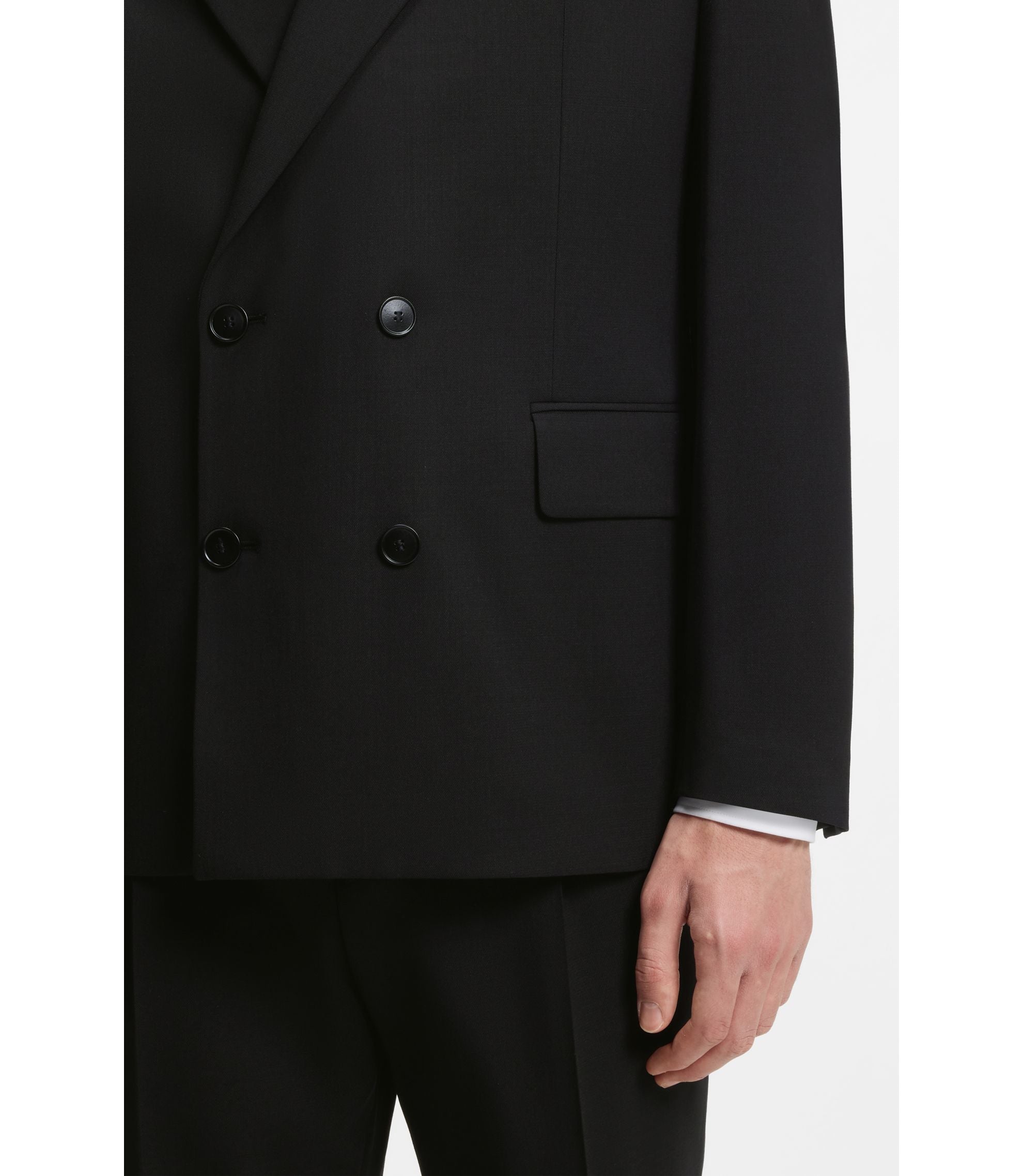 Hugo Double Breasted Suit Jacket In Wool Blend Twill Black