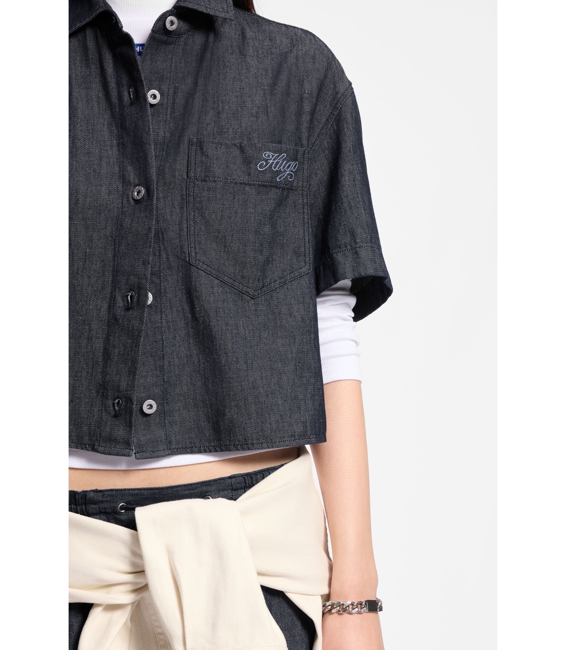 Hugo Relaxed Fit Cropped Blouse In Lightweight Denim Dark Blue Women's