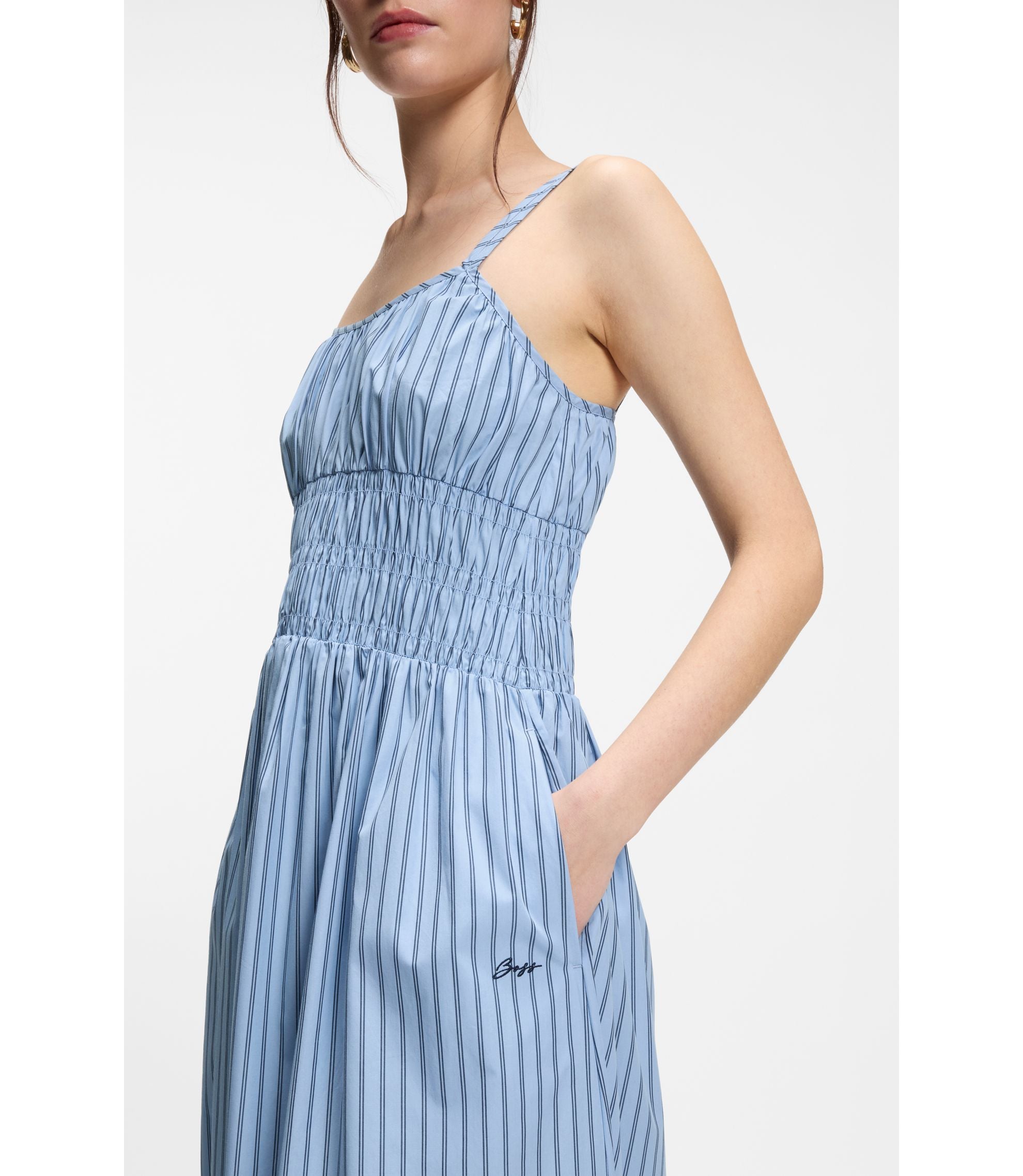 Boss Cotton Poplin Dress With Vertical Stripe Patterned Women's