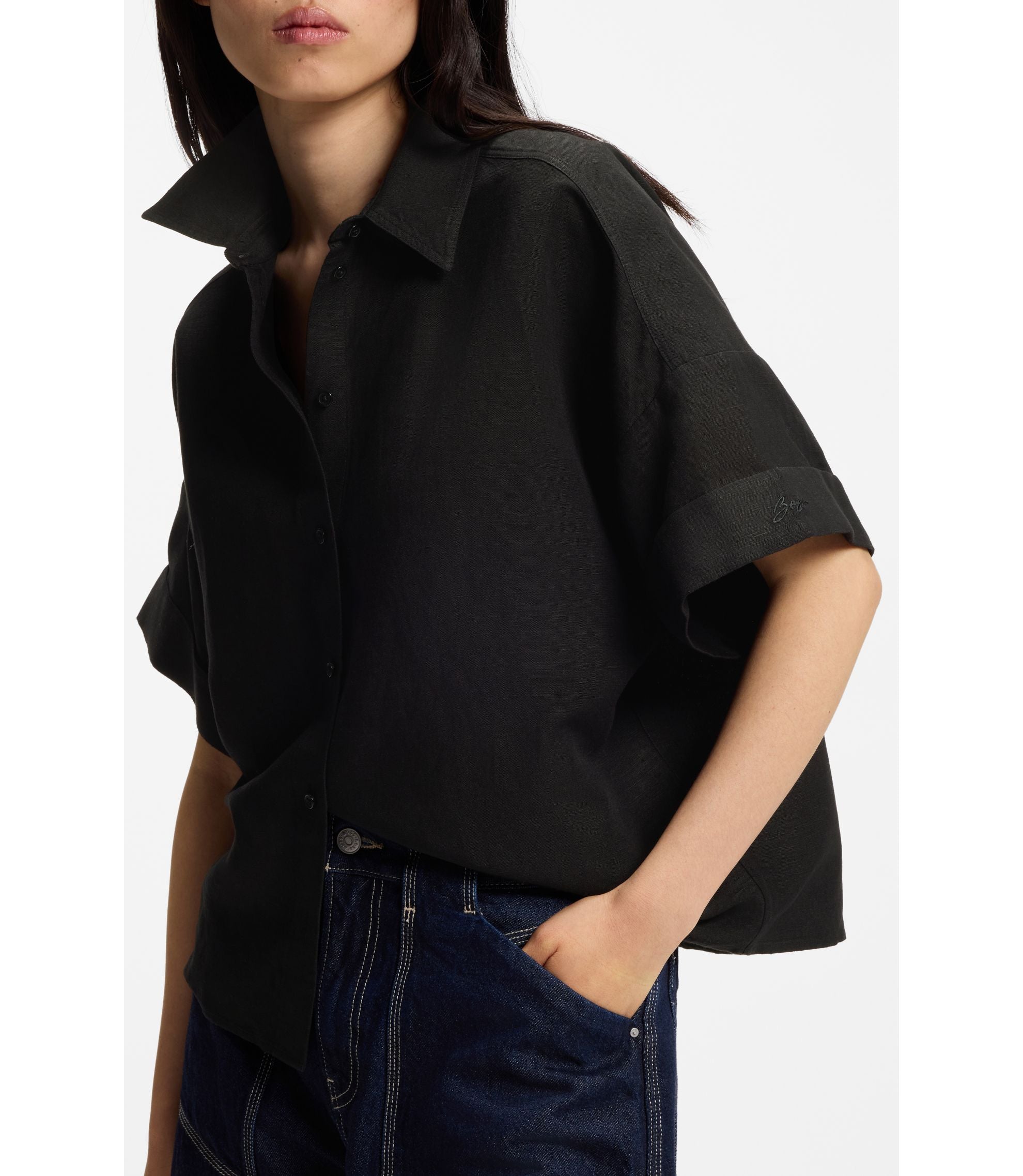 Boss Regular Fit Blouse With Rolled Cuffs Black Women's