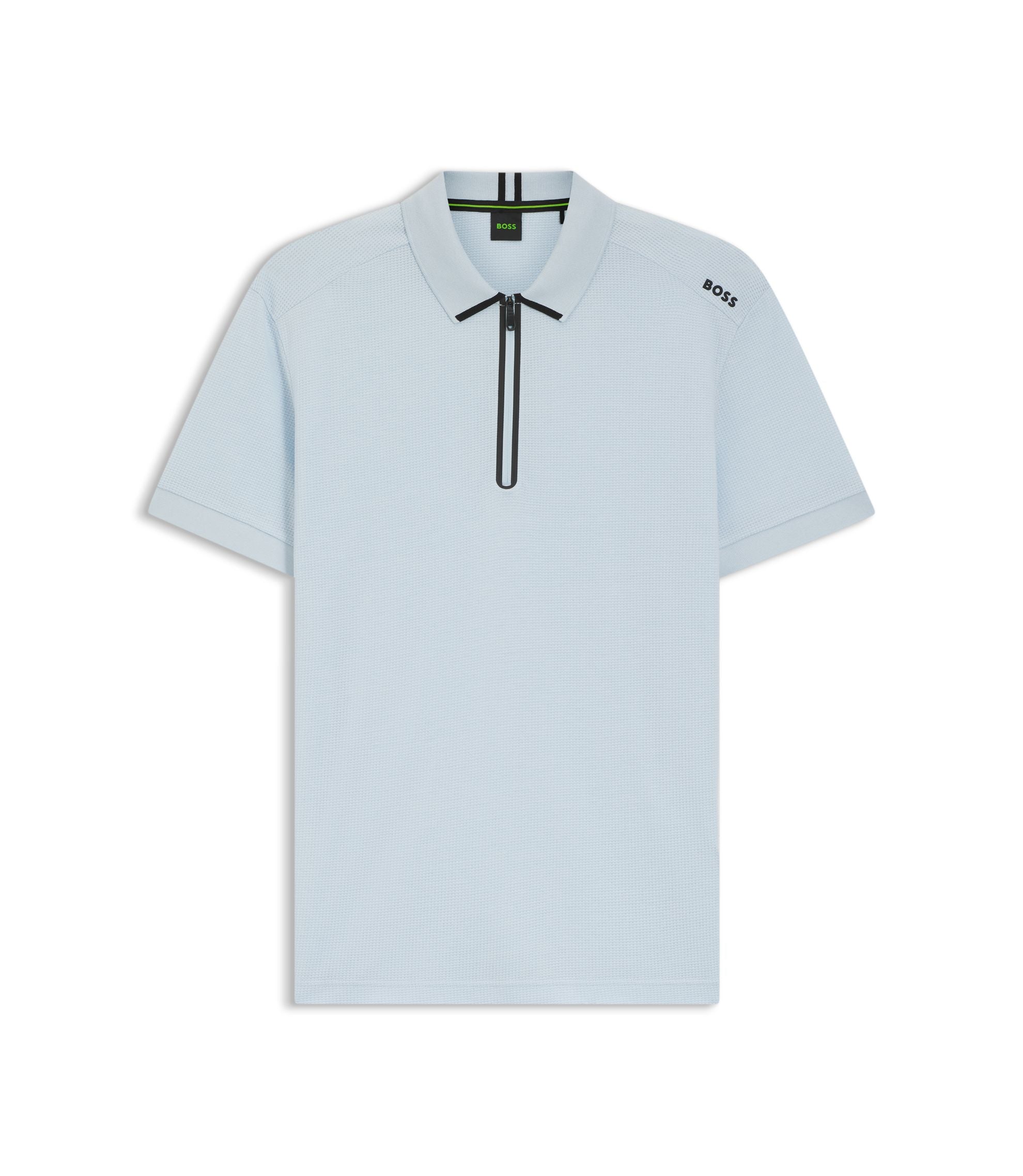 Boss Framed Zip Polo Shirt In Waffle Jacquard Light Blue