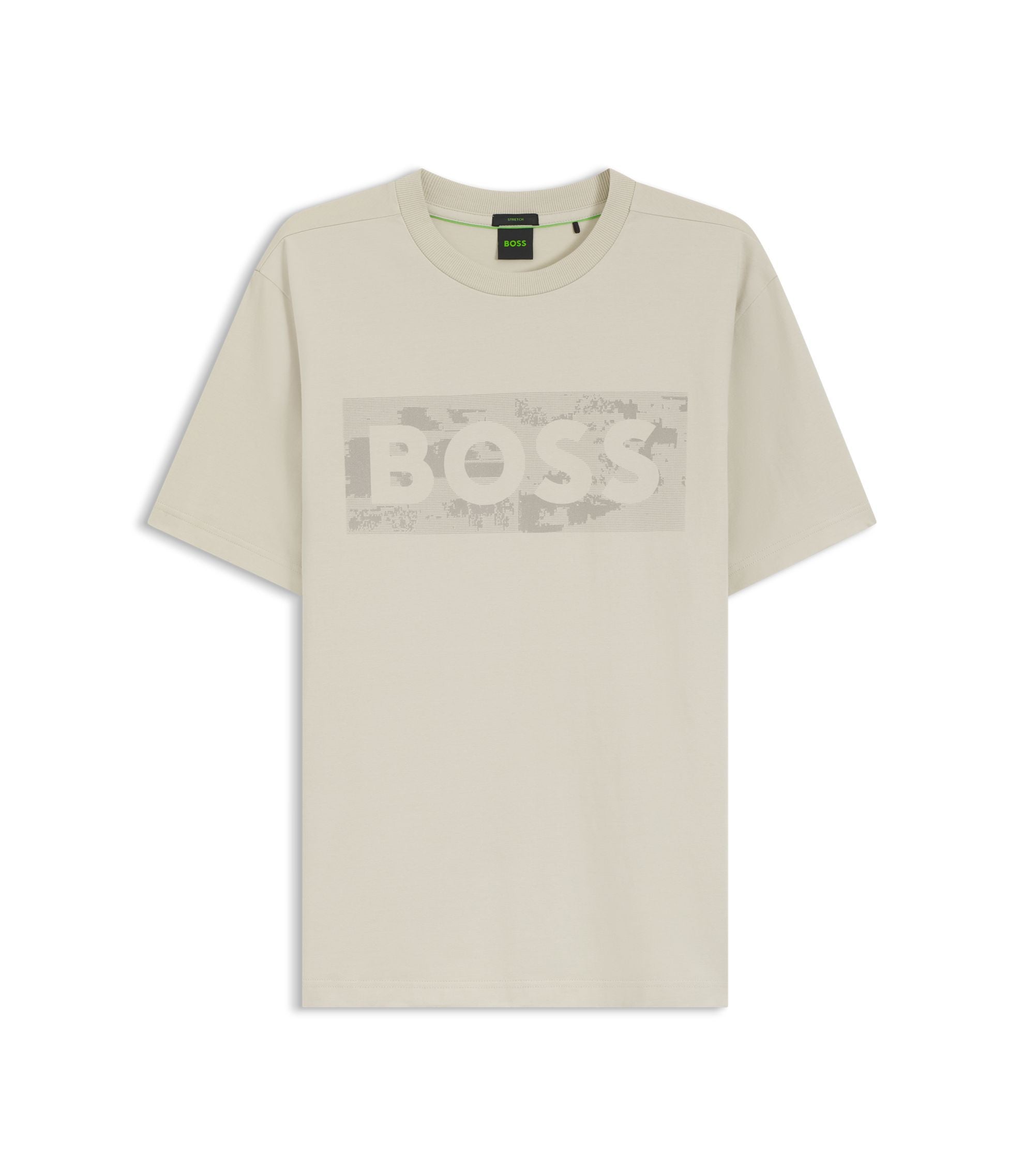 Boss Logo Artwork T Shirt In Stretch Cotton Light Beige