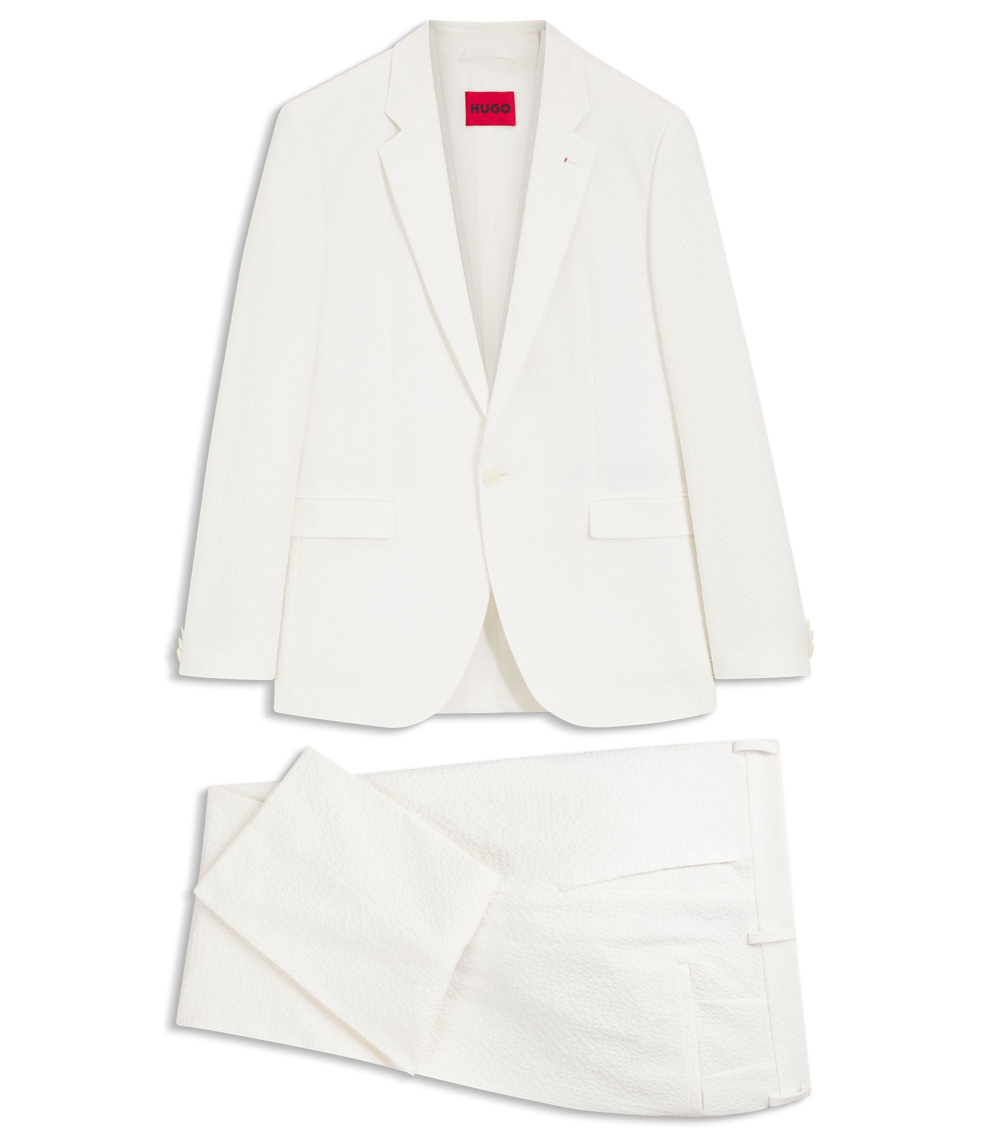 Hugo Three Piece Extra Slim Fit Suit In Stretch Cotton Seersucker White