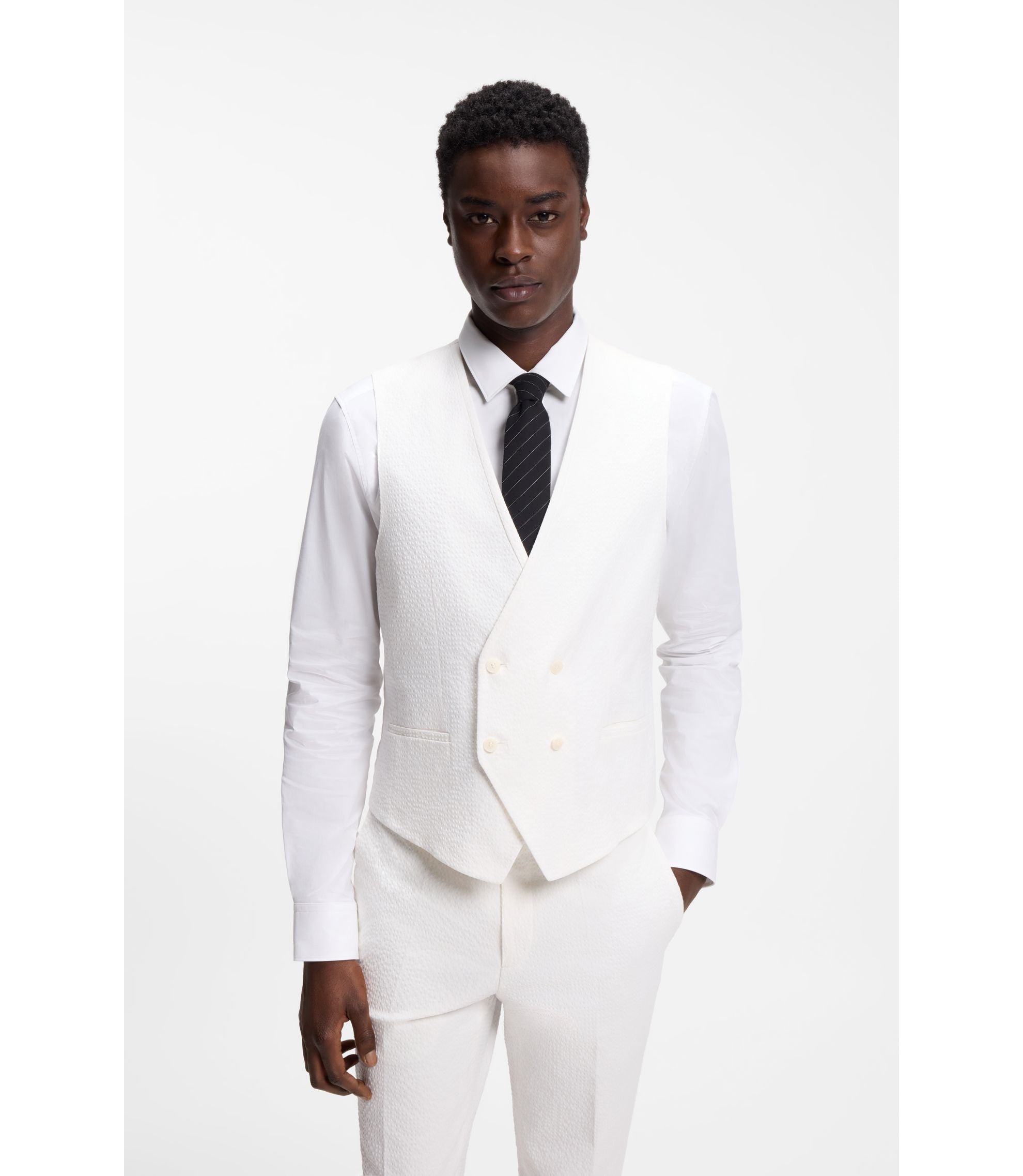 Hugo Three Piece Extra Slim Fit Suit In Stretch Cotton Seersucker White