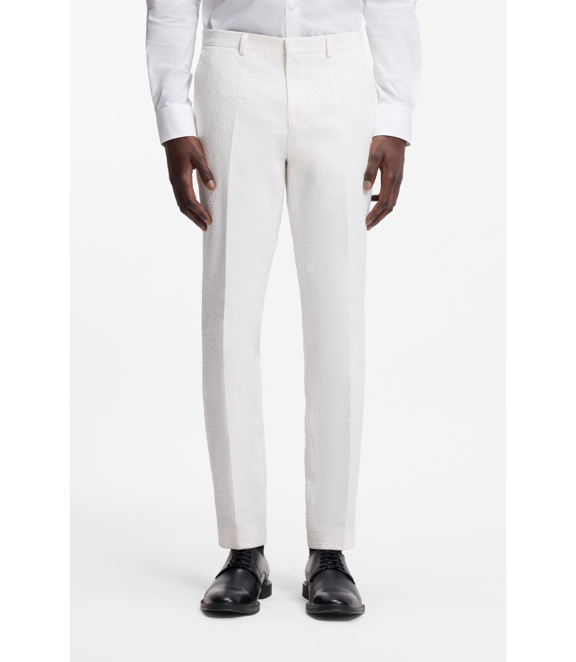 Hugo Three Piece Extra Slim Fit Suit In Stretch Cotton Seersucker White