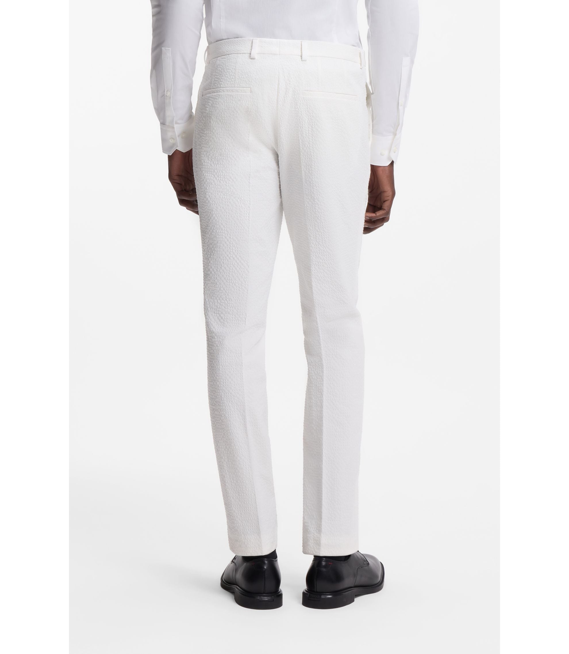Hugo Three Piece Extra Slim Fit Suit In Stretch Cotton Seersucker White
