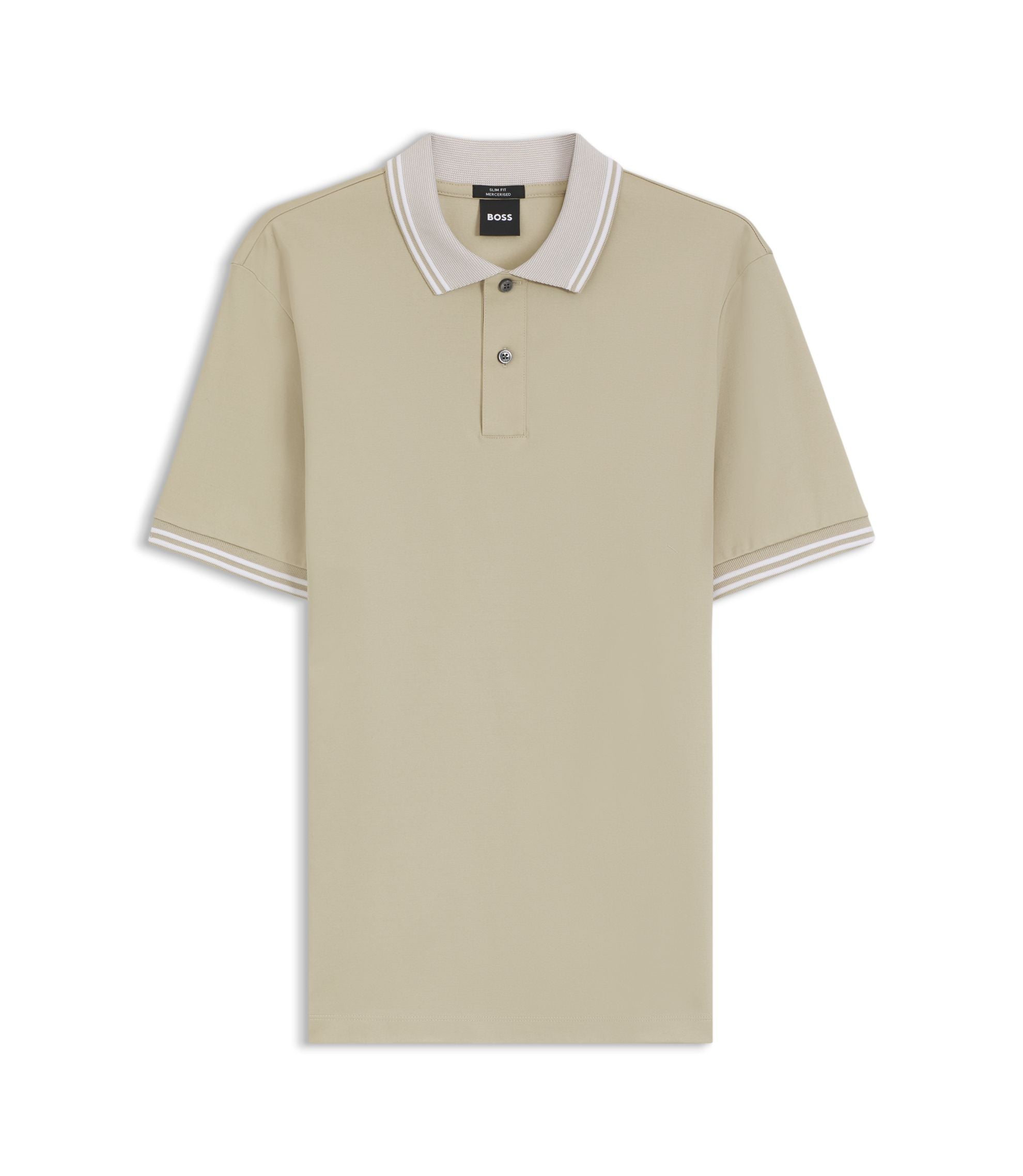 Boss Stripe Trim Slim Fit Polo Shirt In Mercerised Cotton Light Beige