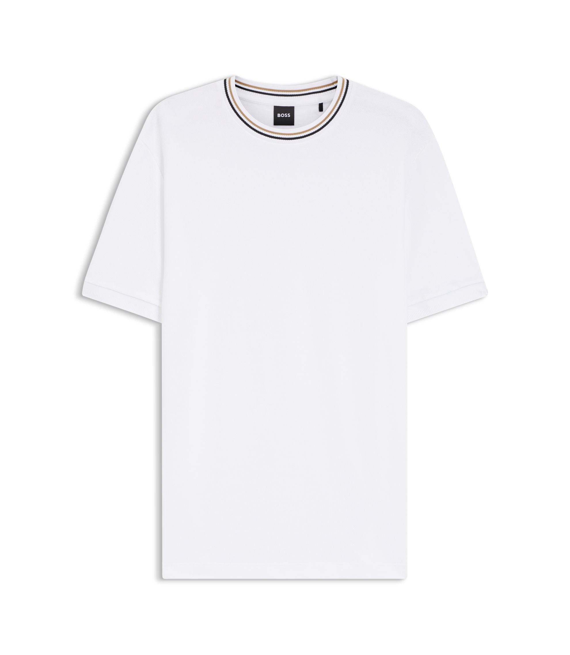 Boss Striped Collar T Shirt In Cotton Piqu White
