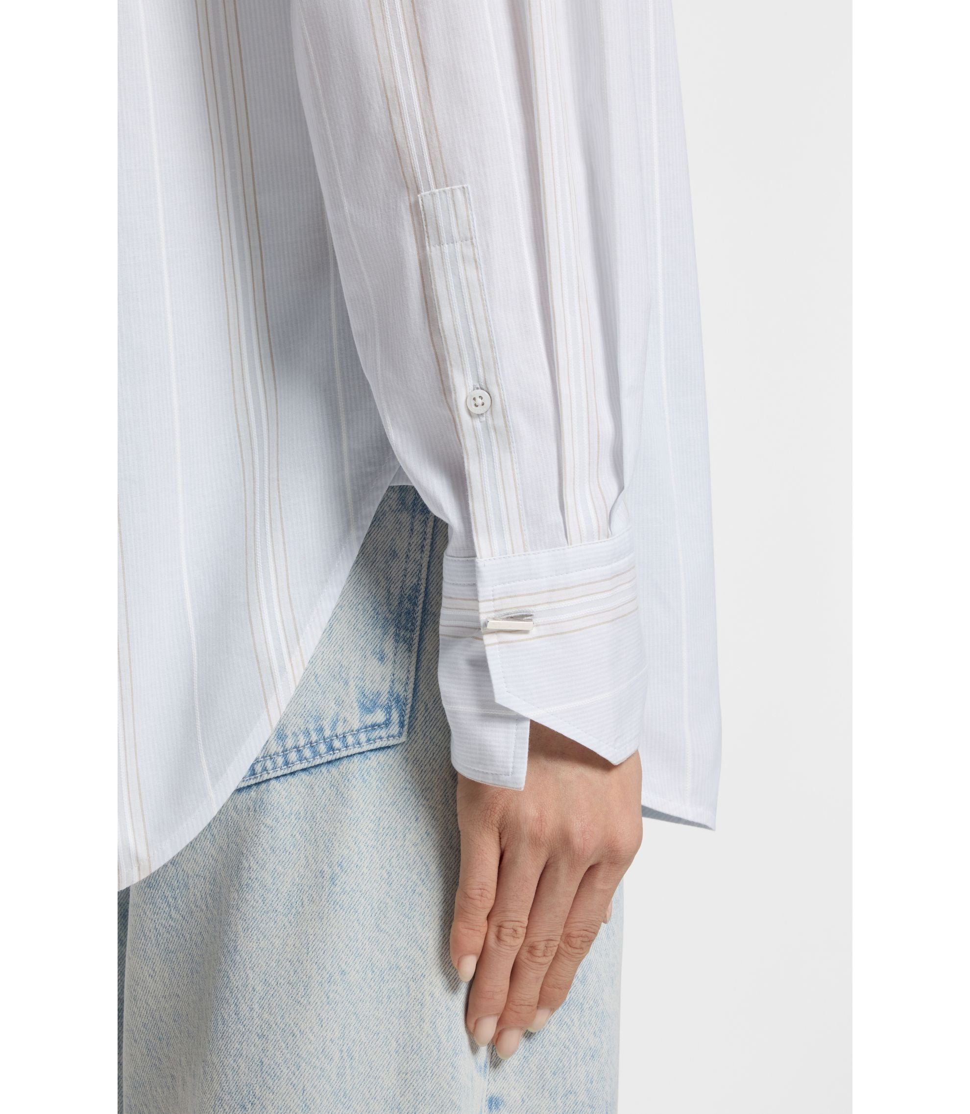 Boss Striped Relaxed Fit Blouse In Cotton Canvas Light Blue Women's