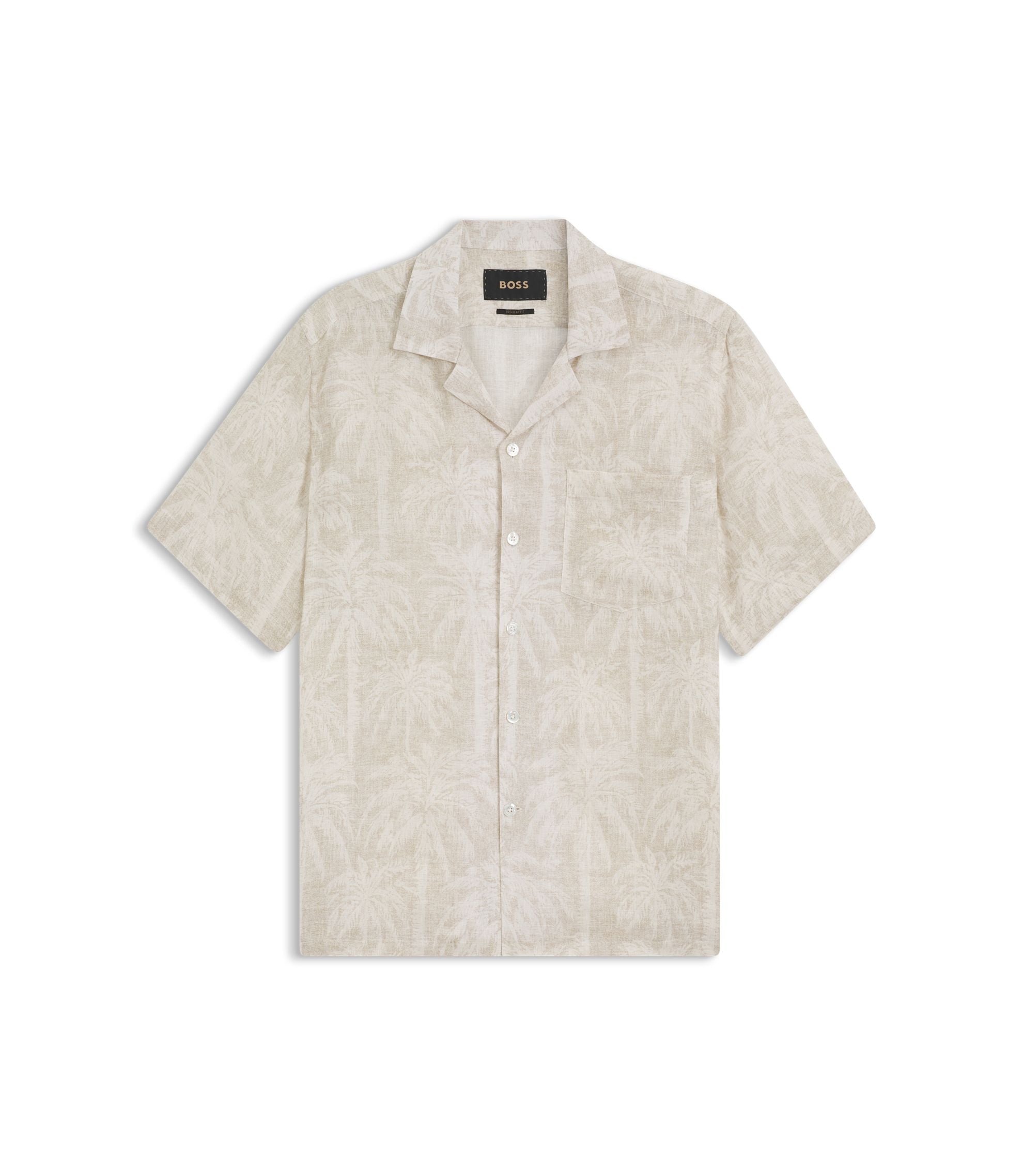 Boss Regular Fit Shirt In Palm Print Italian Linen Beige