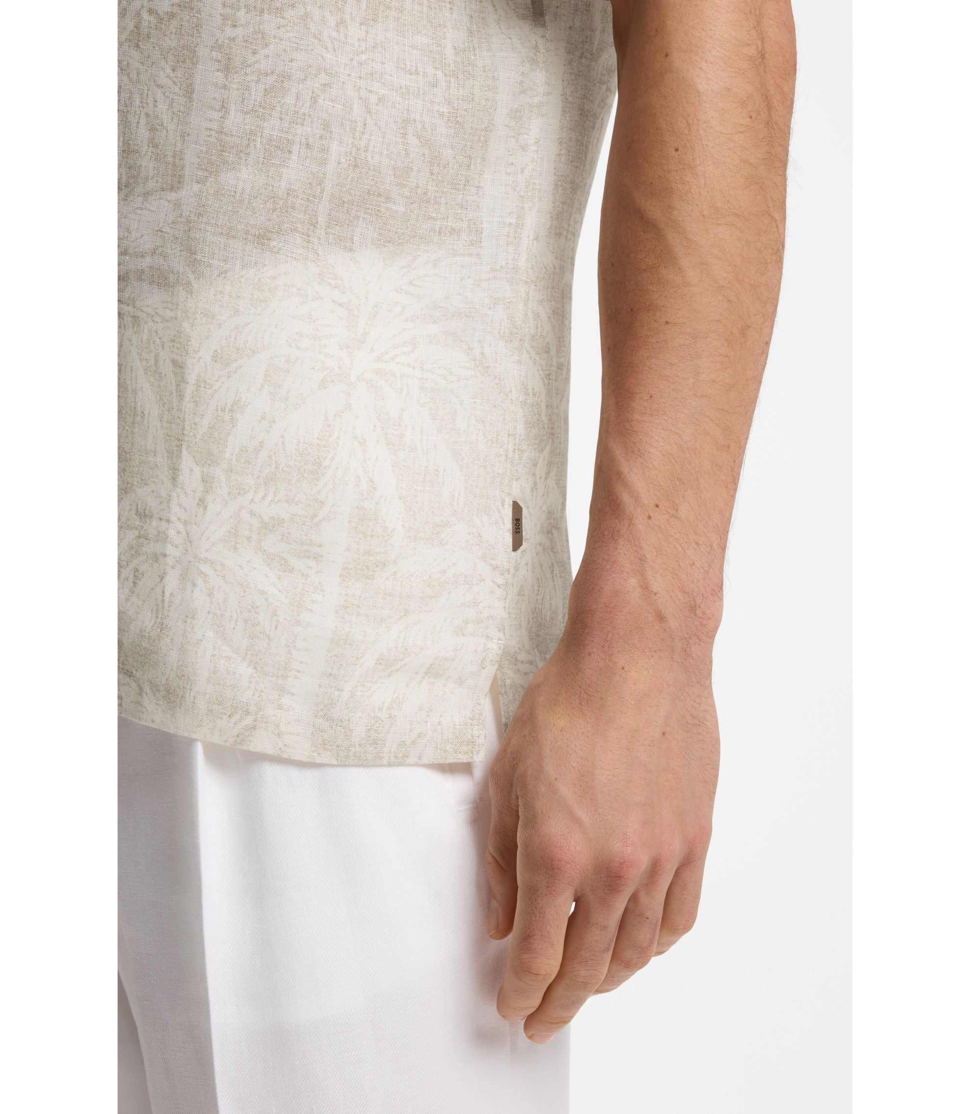 Boss Regular Fit Shirt In Palm Print Italian Linen Beige