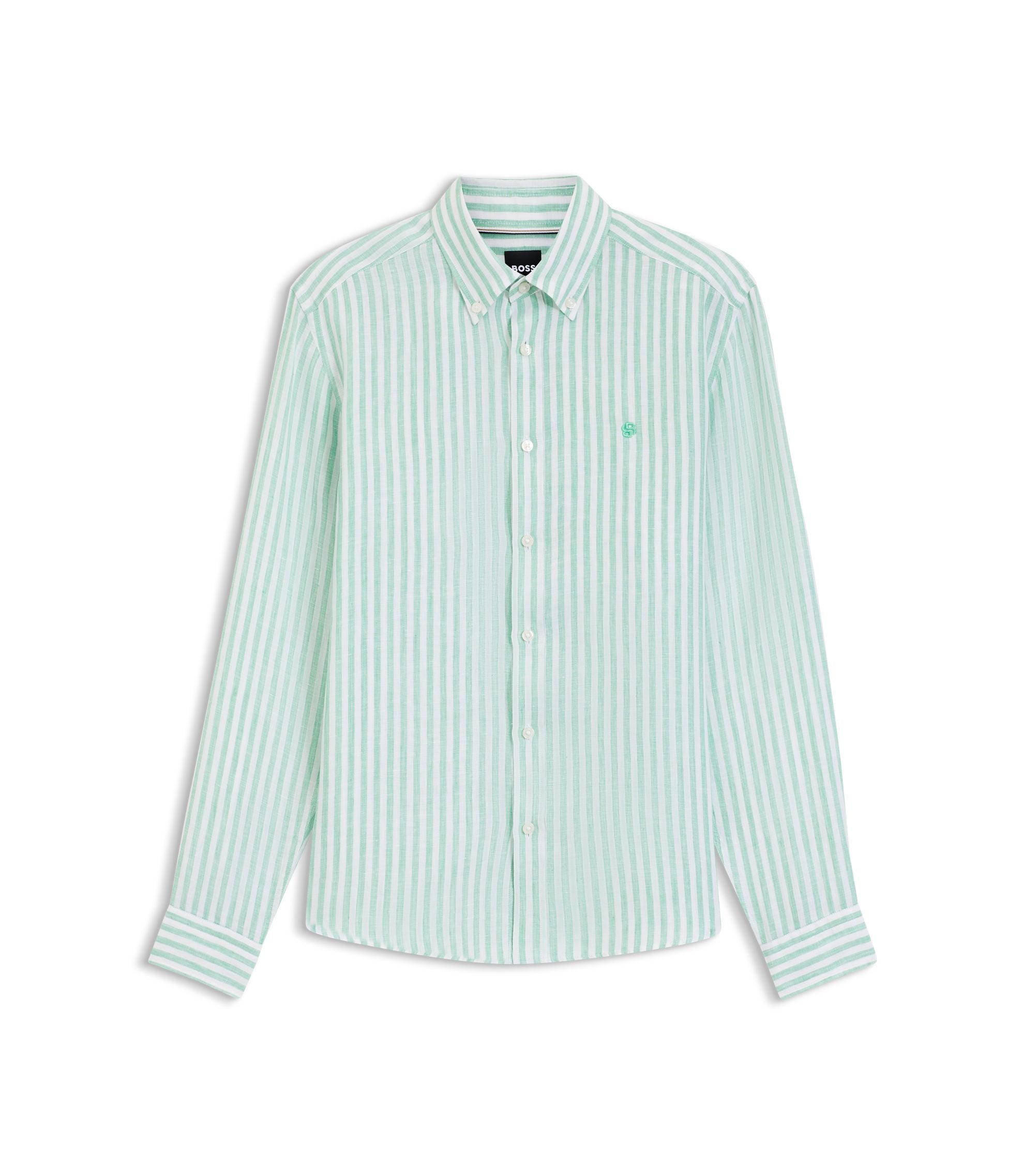 Boss Regular Fit Shirt In Striped Linen Light Green