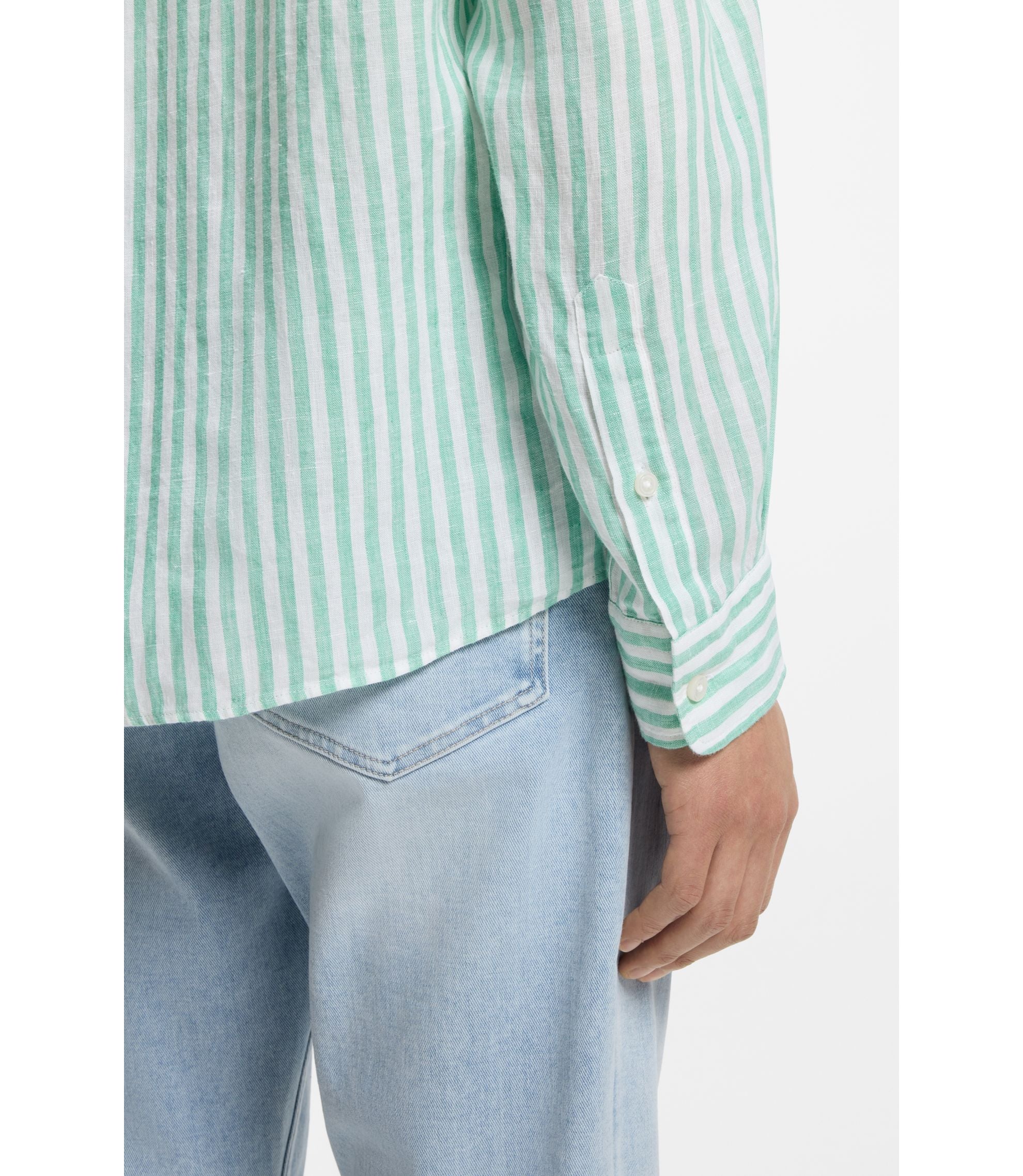 Boss Regular Fit Shirt In Striped Linen Light Green