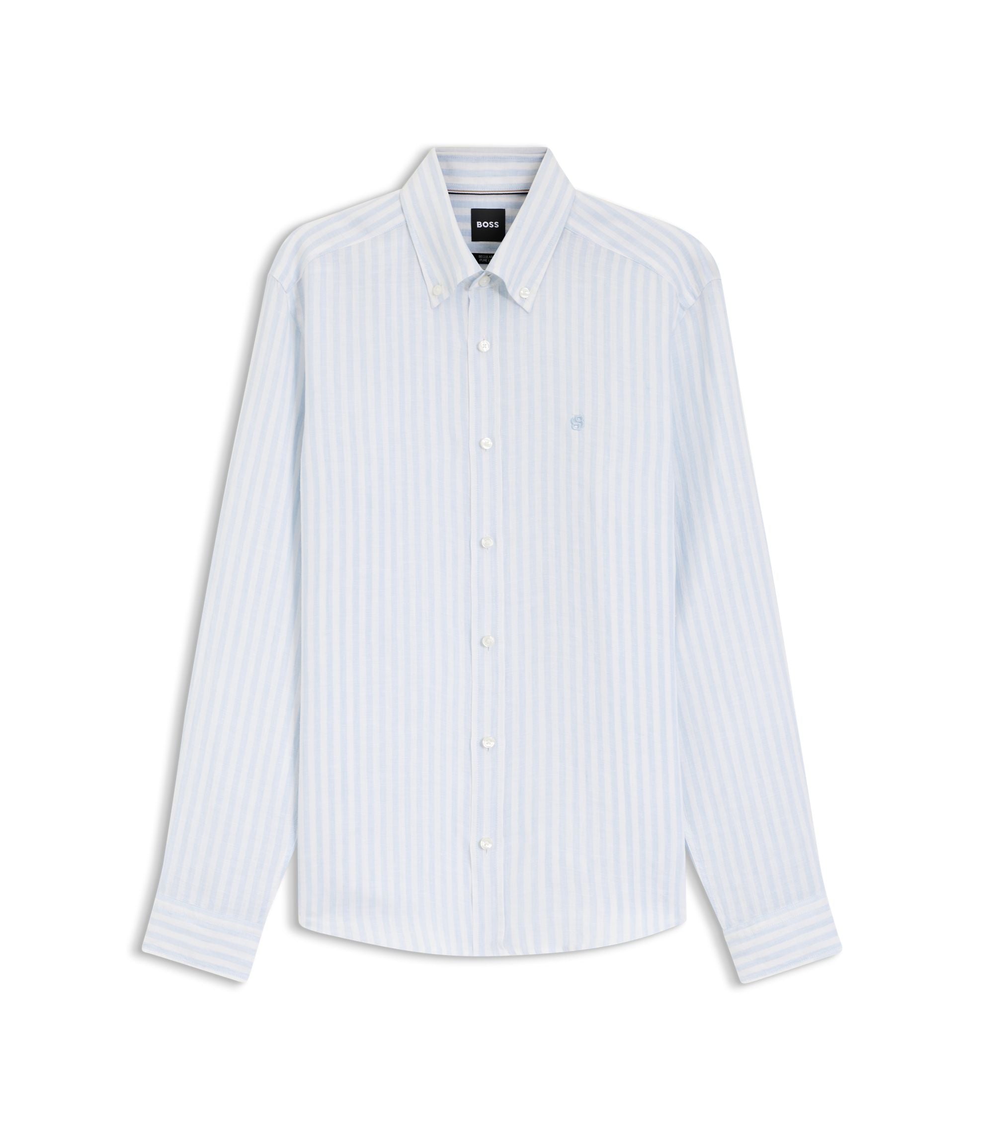 Boss Regular Fit Shirt In Striped Linen Light Blue