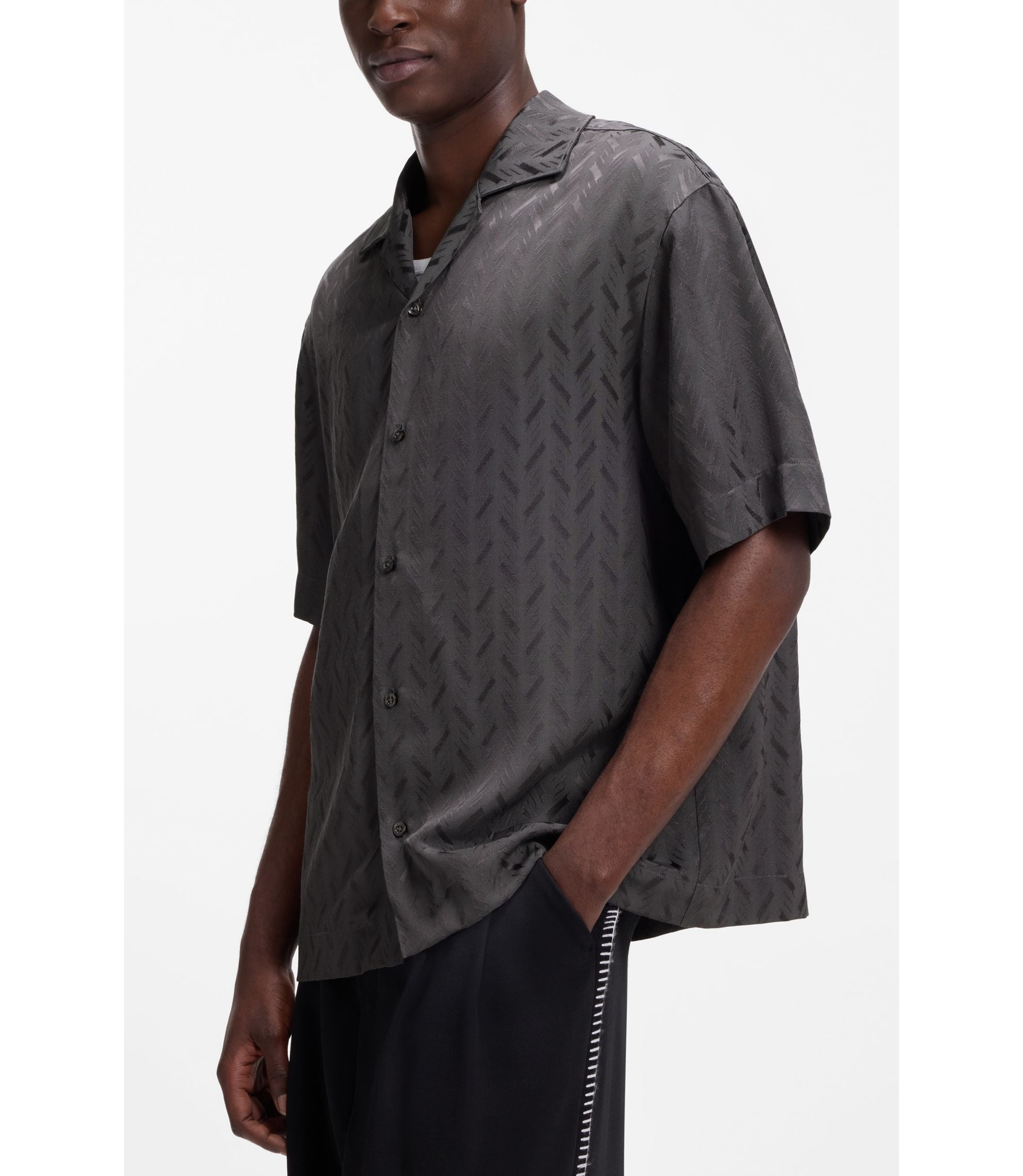 Hugo Oversized Fit Shirt With Jacquard Pattern Dark Grey