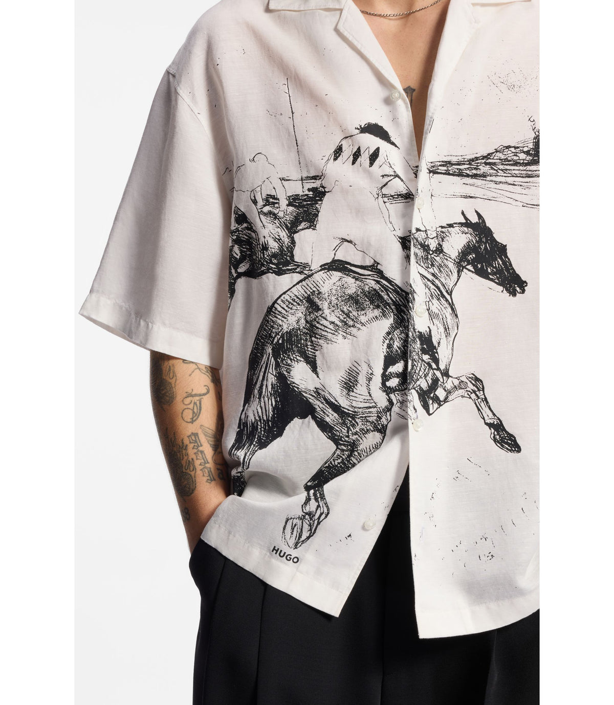 Hugo Oversized Fit Shirt With Horse Racing Print White