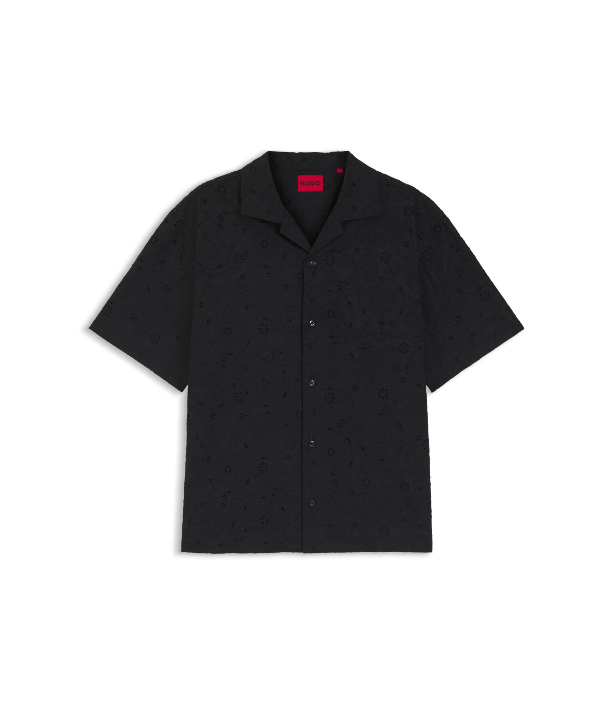 Hugo Oversize Fit Shirt In Broderie Anglaise Cotton Black