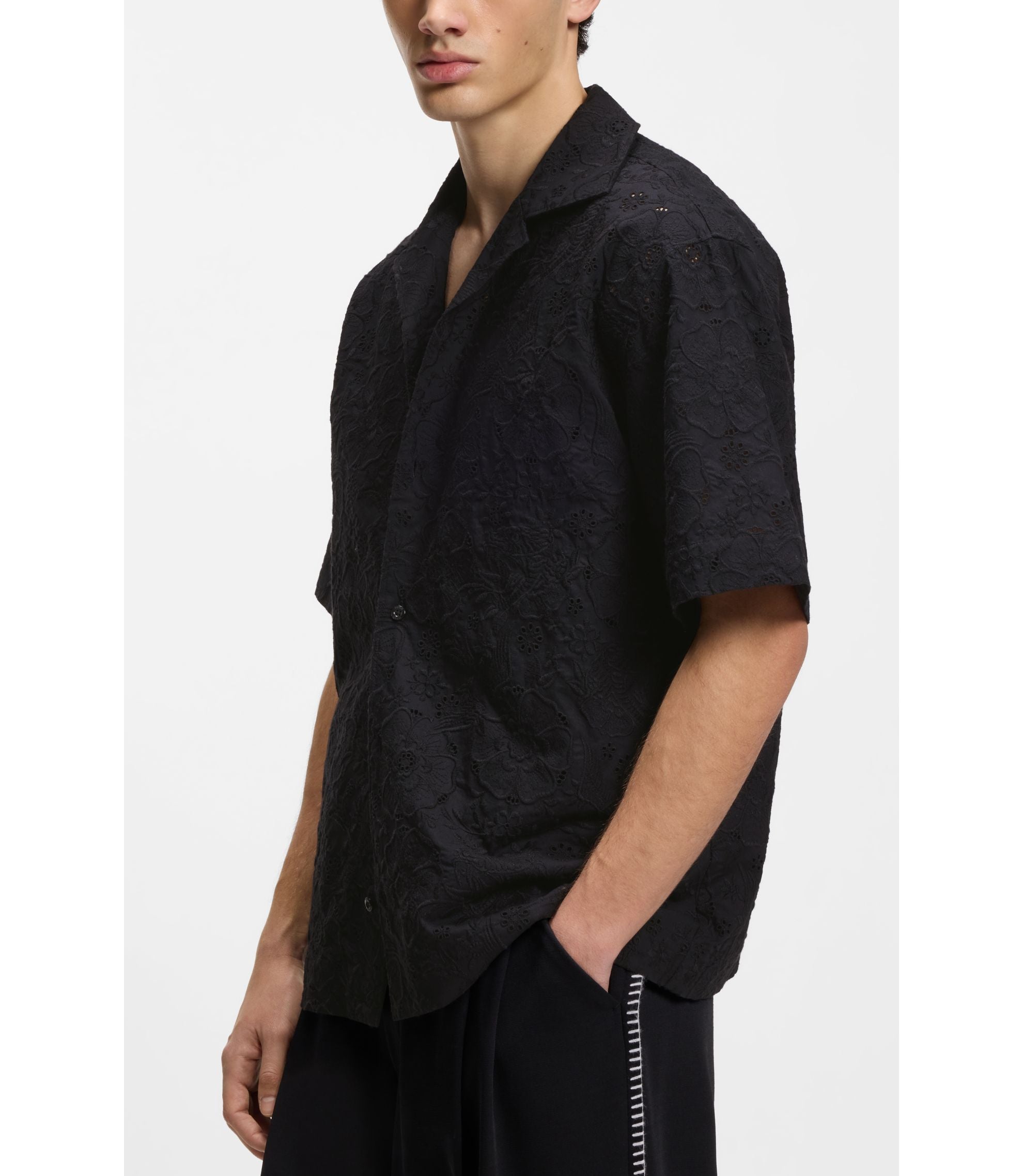 Hugo Oversize Fit Shirt In Broderie Anglaise Cotton Black