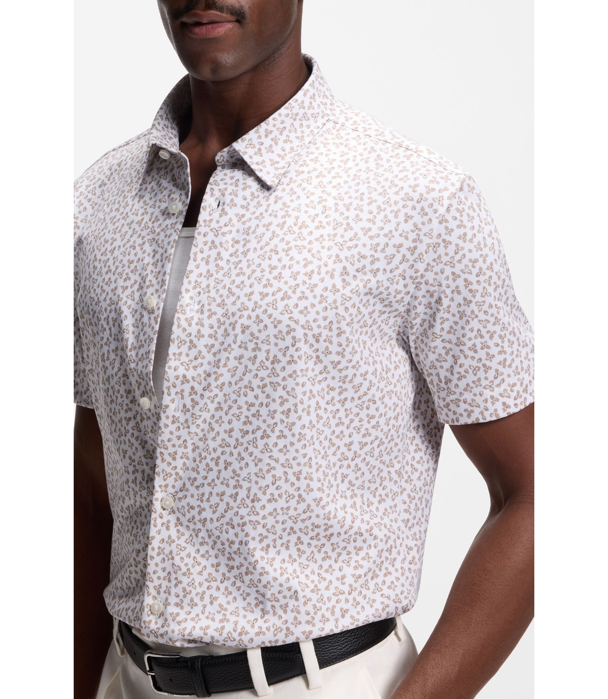 Boss Printed Slim Fit Shirt In Cotton Blend Jersey Light Beige