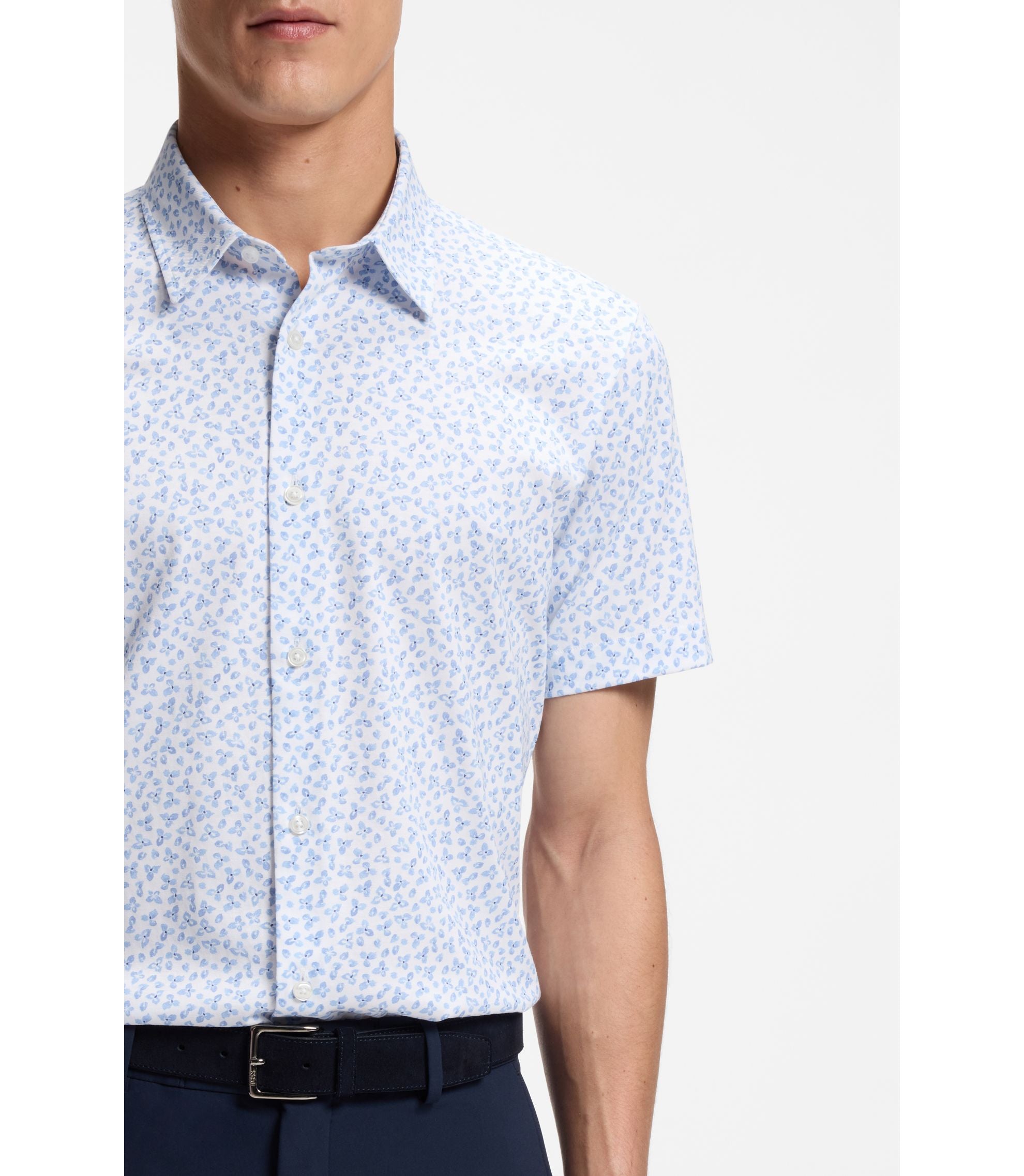 Boss Printed Slim Fit Shirt In Cotton Blend Jersey Light Blue