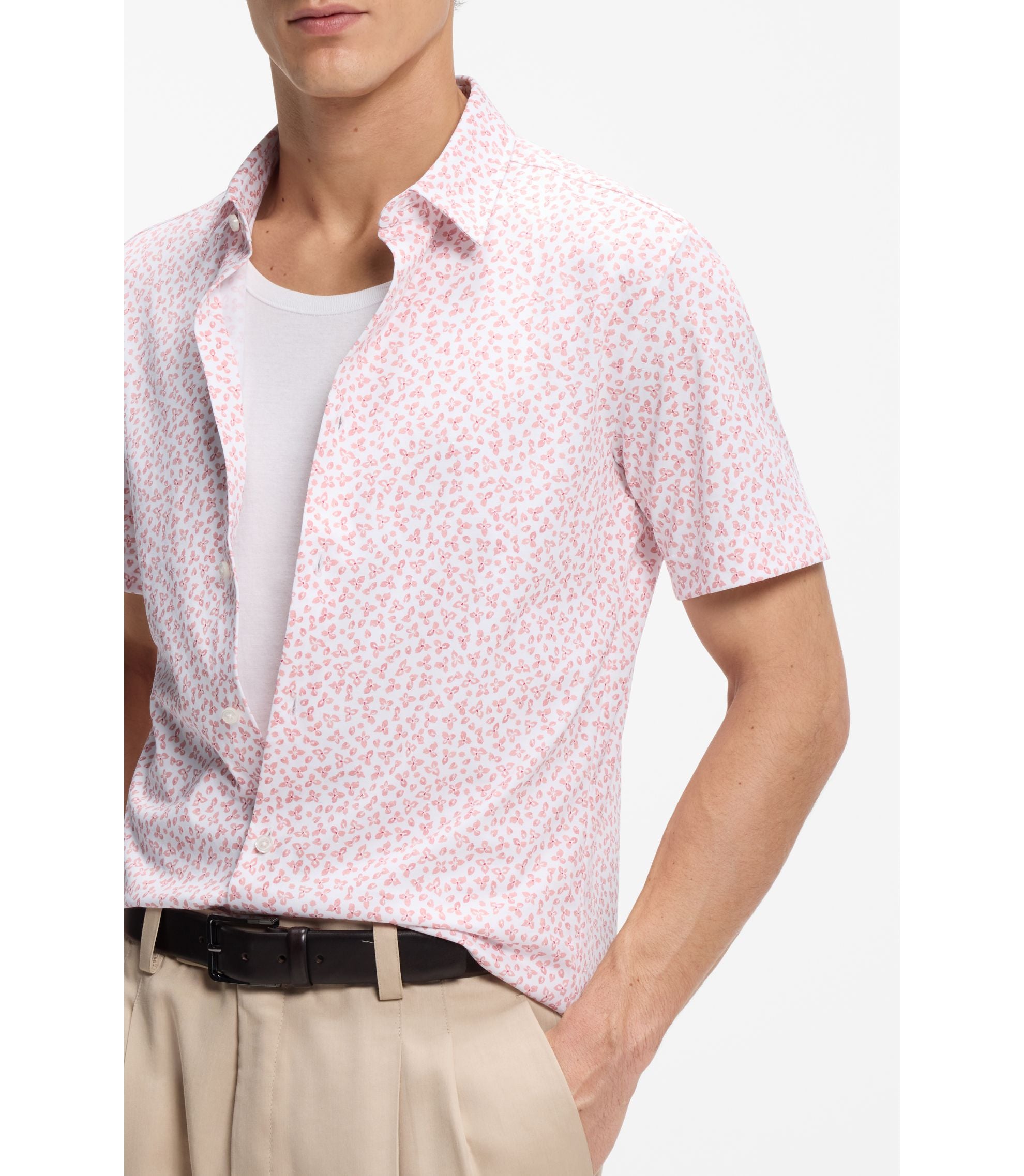 Boss Printed Slim Fit Shirt In Cotton Blend Jersey Light Pink