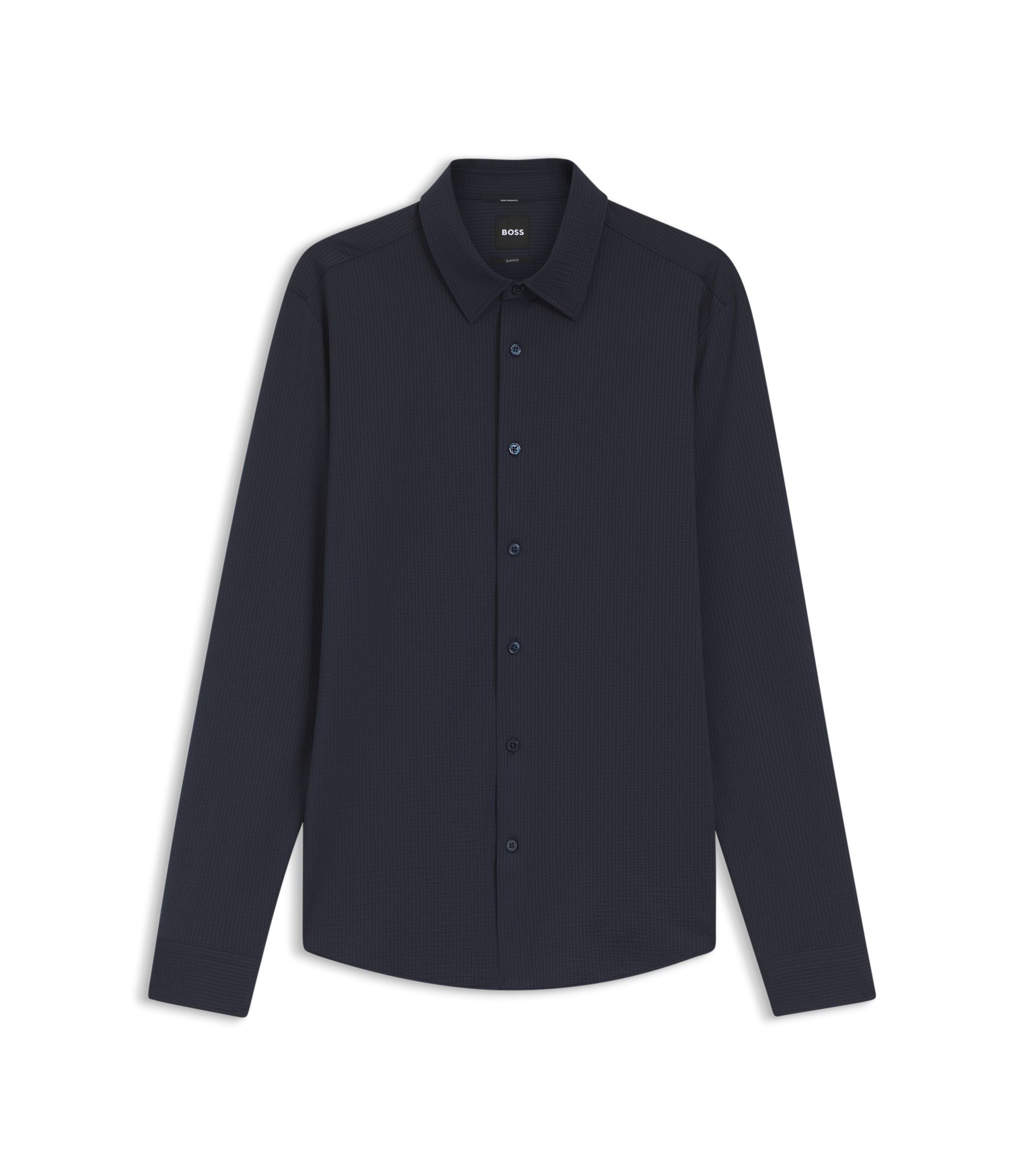 Boss Slim Fit Shirt In Italian Performance Stretch Seersucker Dark Blue