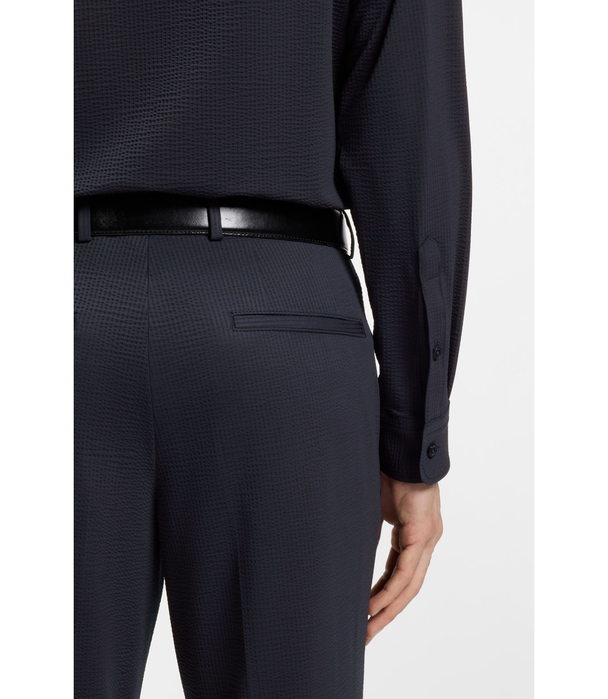 Boss Slim Fit Shirt In Italian Performance Stretch Seersucker Dark Blue
